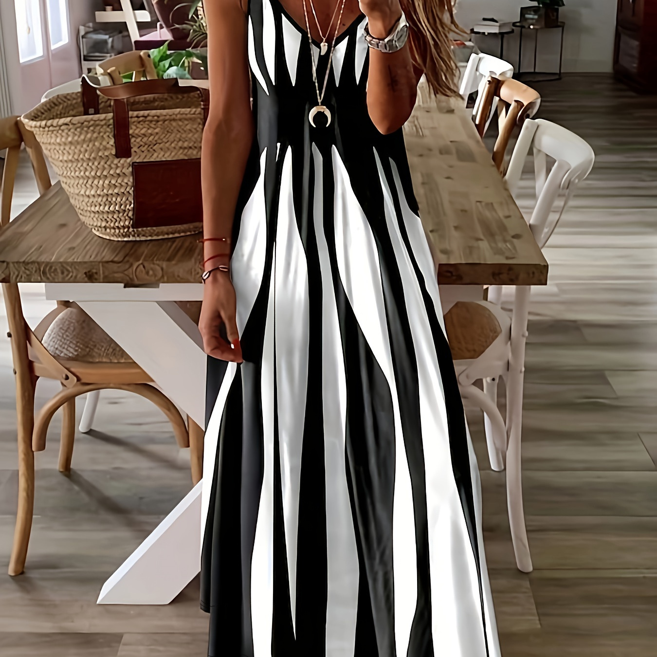 

Striped Spaghetti Strap Dress, Elegant V Neck Sleeveless Cami Dress For Spring & Summer, Women's Clothing