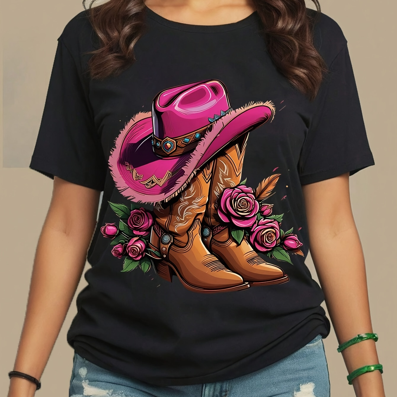 

Boots Print Drop Shoulder T-shirt, Short Sleeve Crew Neck Casual Top For Spring & Summer, Women's Clothing