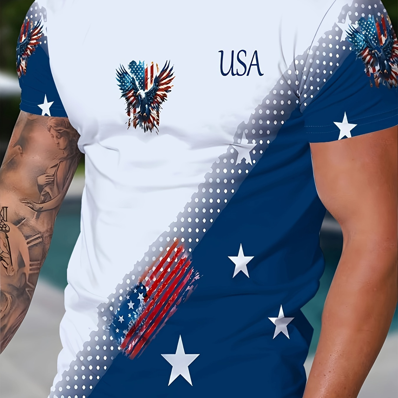 

Adventure, Men's Patriotic Usa Graphic Tee - Casual & Novelty, 100% Polyester, Crew Neck, Short Sleeve With Eagle & American , Breathable Fabric, Summer, American Flag Clothes