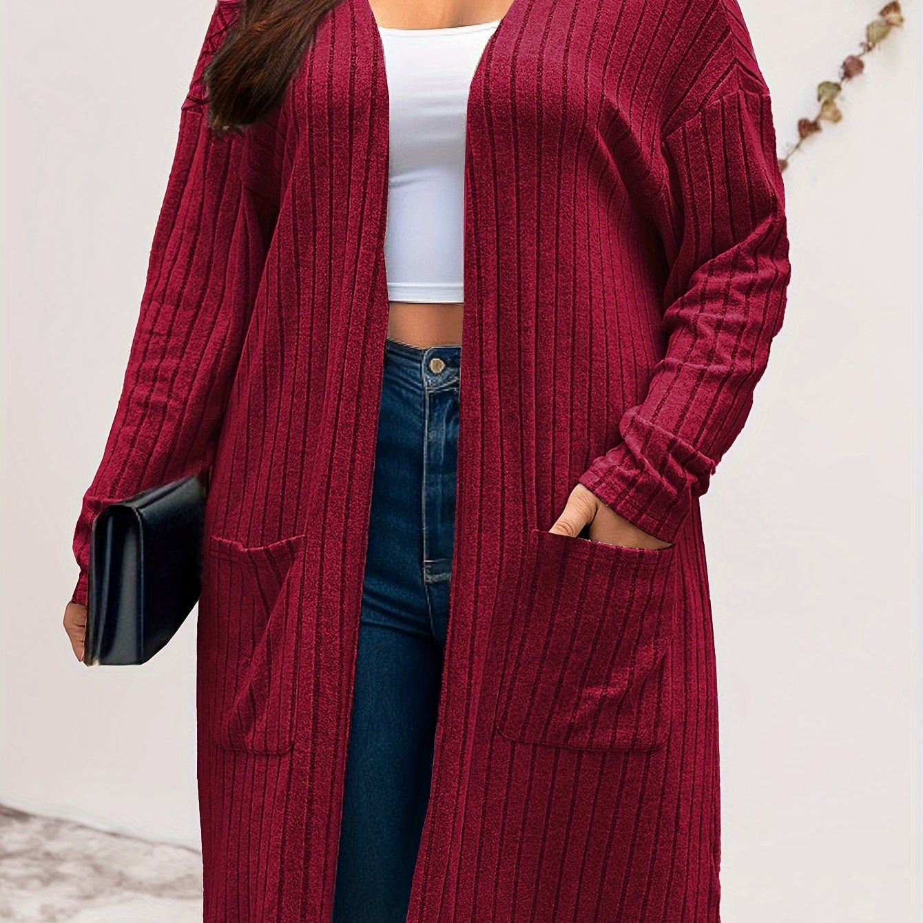 

Plus Size Solid Color Open Front Cardigan, Casual Dual Pockets Long Sleeve Cardigan For Fall, Women's Plus Size Clothing