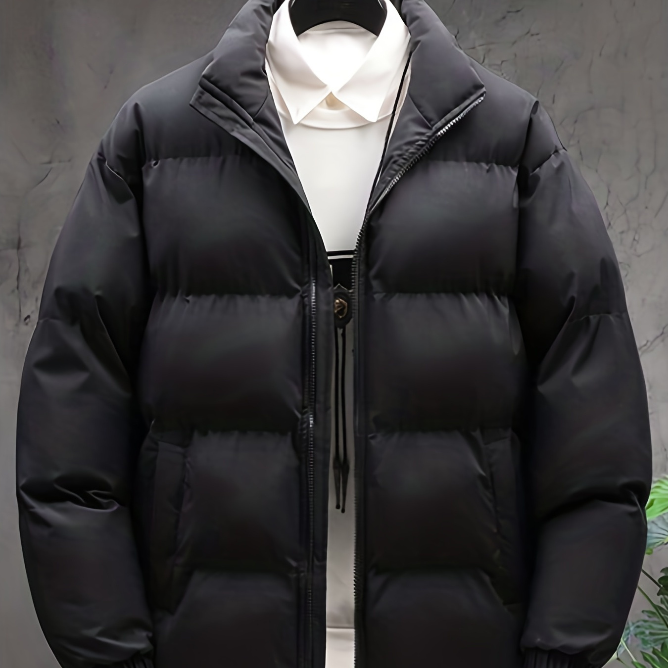 Plus Size Men's Solid Puffer Jacket Band Collar Jacket For Fall Winter, Men's Clothing