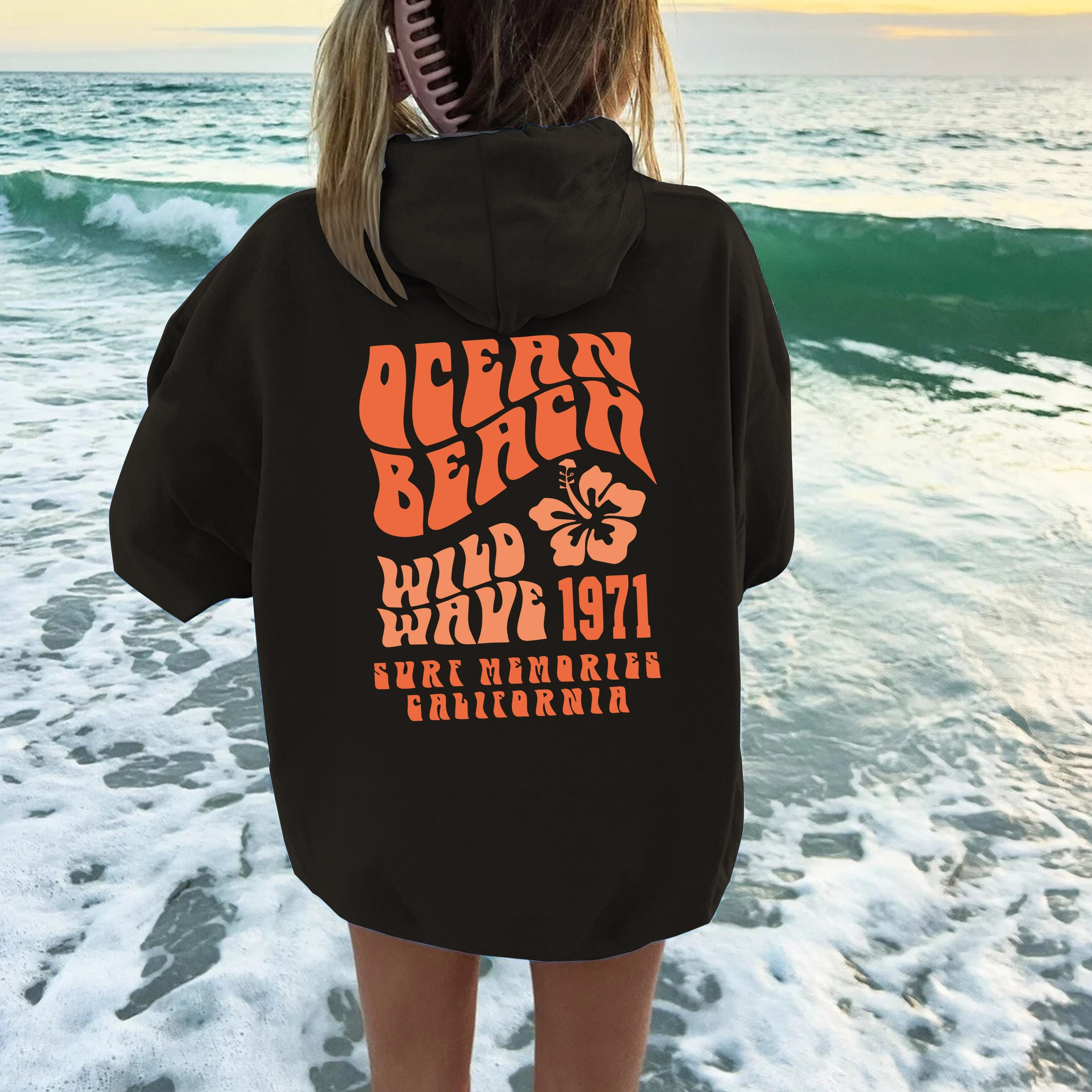 

1971 Surf Memorabilia Hoodie - Casual Polyester Sweatshirt With Hood, Geometric Pattern, Front Pocket, Long Sleeve Pullover For Women - Knit Fabric, All