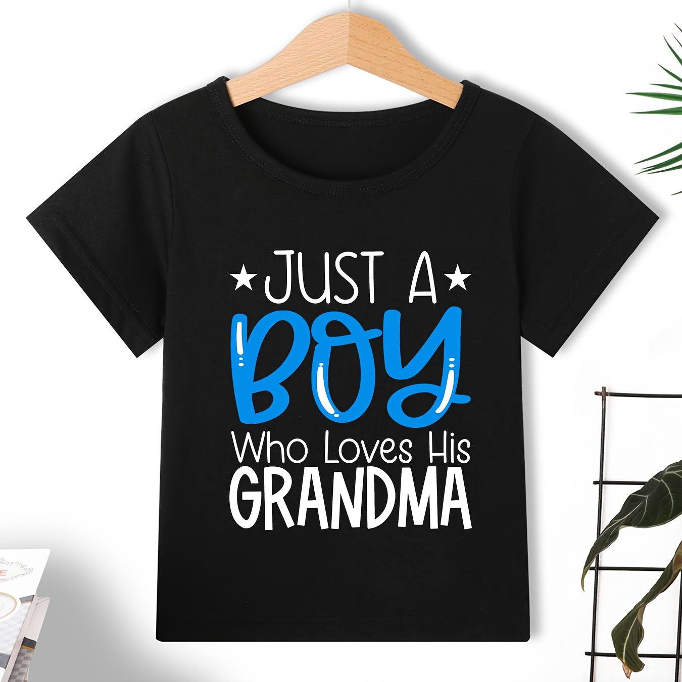 

Boys Just A Boy Who Loves His Grandma Print Short Sleeve T-shirt, Casual Comfy Crew Neck Tee For Summer, Versatile Trendy Gift