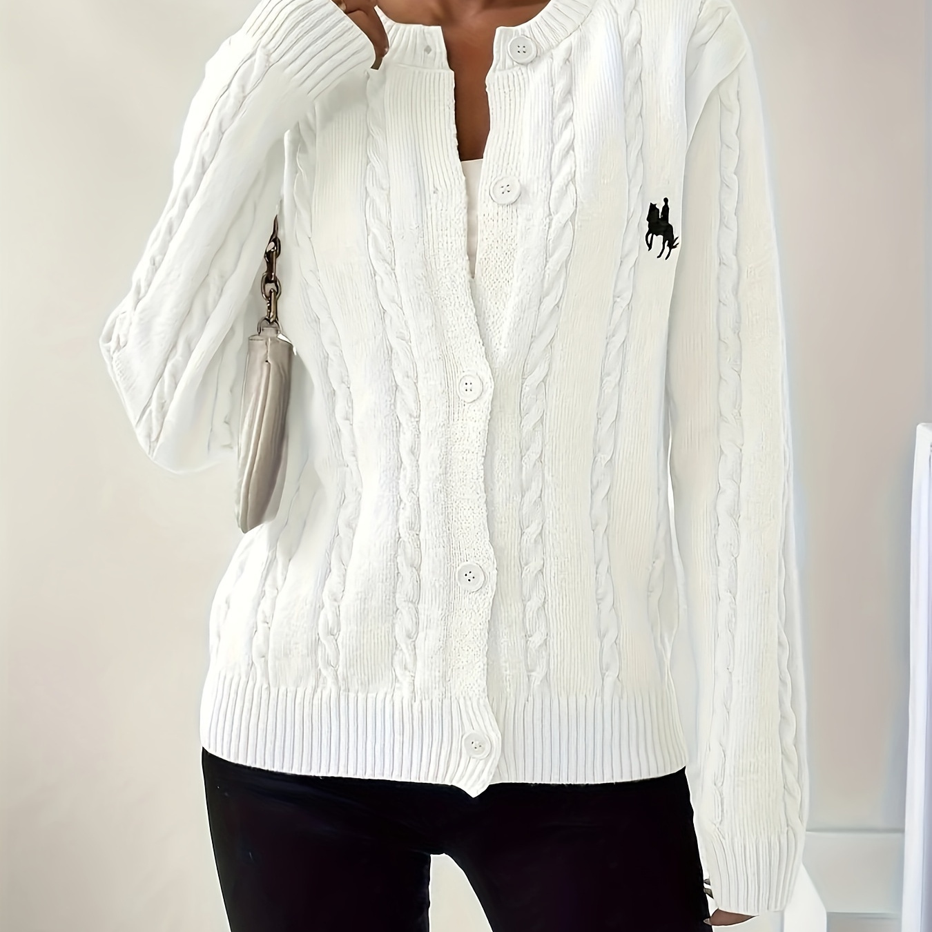 

Plus Size Solid Color Cable Knitted Cardigan, Casual Button Front Long Sleeve Cardigan, Women's Plus Size Clothing