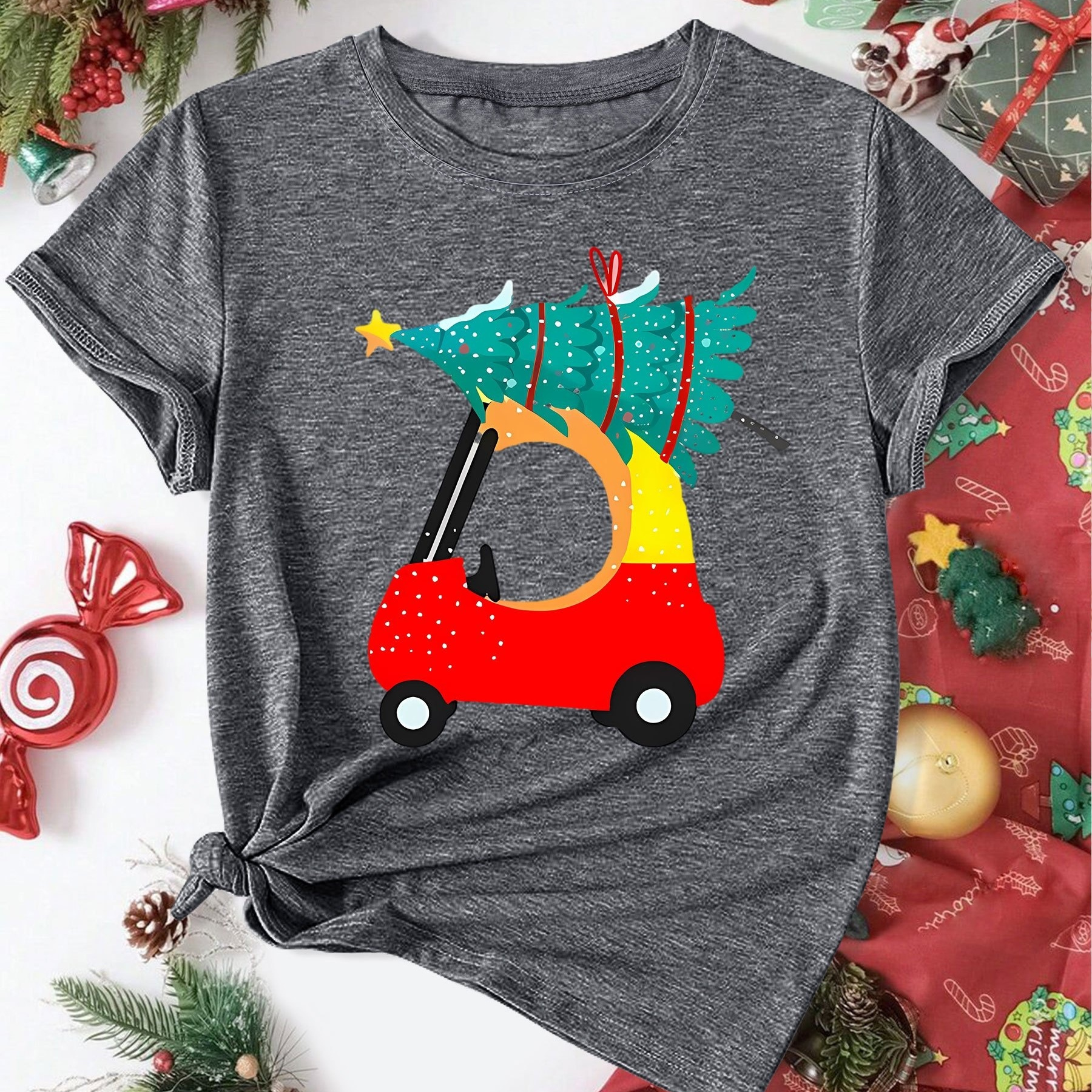 

Women's Vintage-inspired Christmas Tree & Car Print T-shirt - Casual Summer Tee With Crew Neck, Short Sleeves, Cotton Blend, Machine Washable - Available In Multiple Colors, Sizes S To Xxl