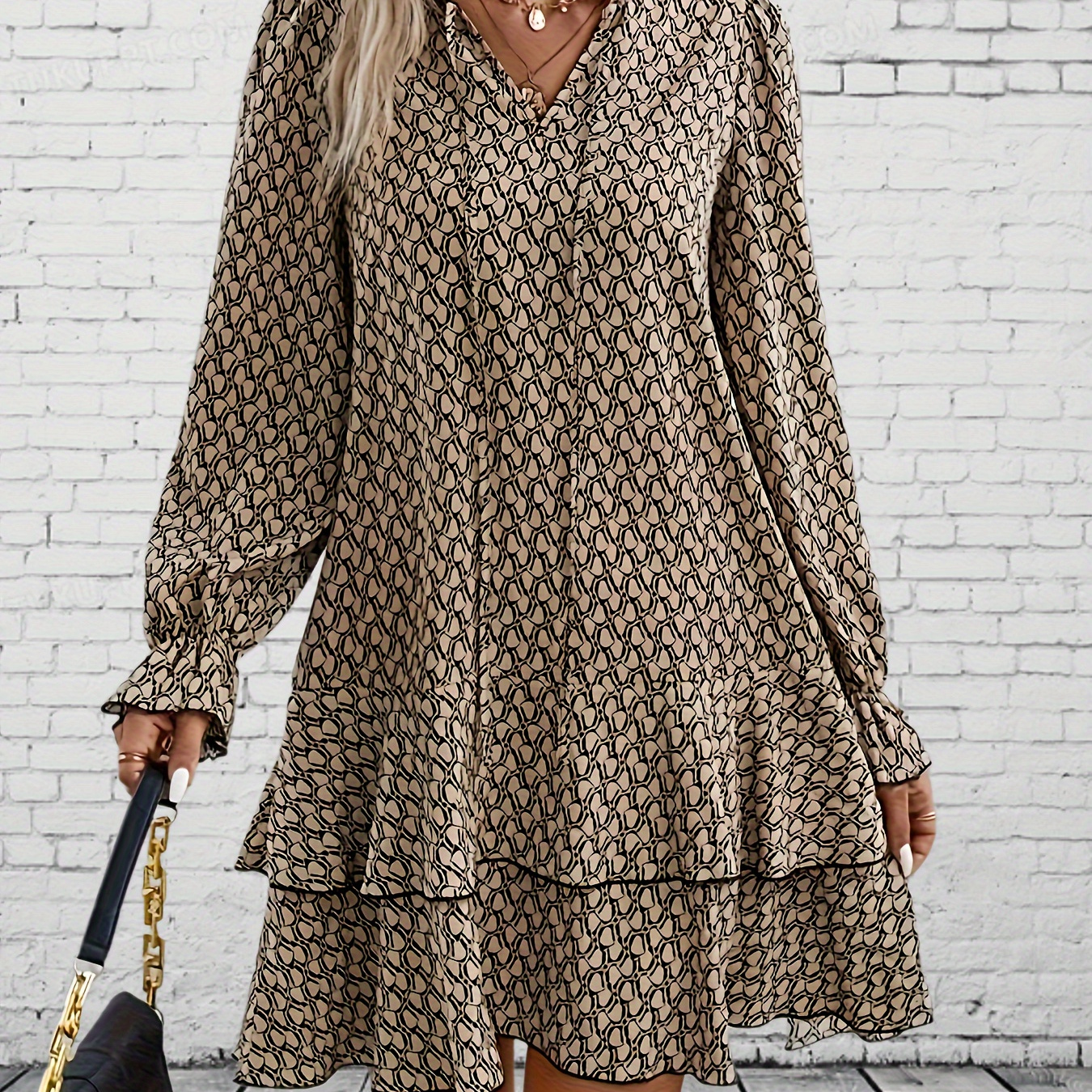 

Plus Size All Over Print Dress, Casual Tie Neck Layered Ruffle Hem Long Sleeve Dress, Women's Plus Size Clothing