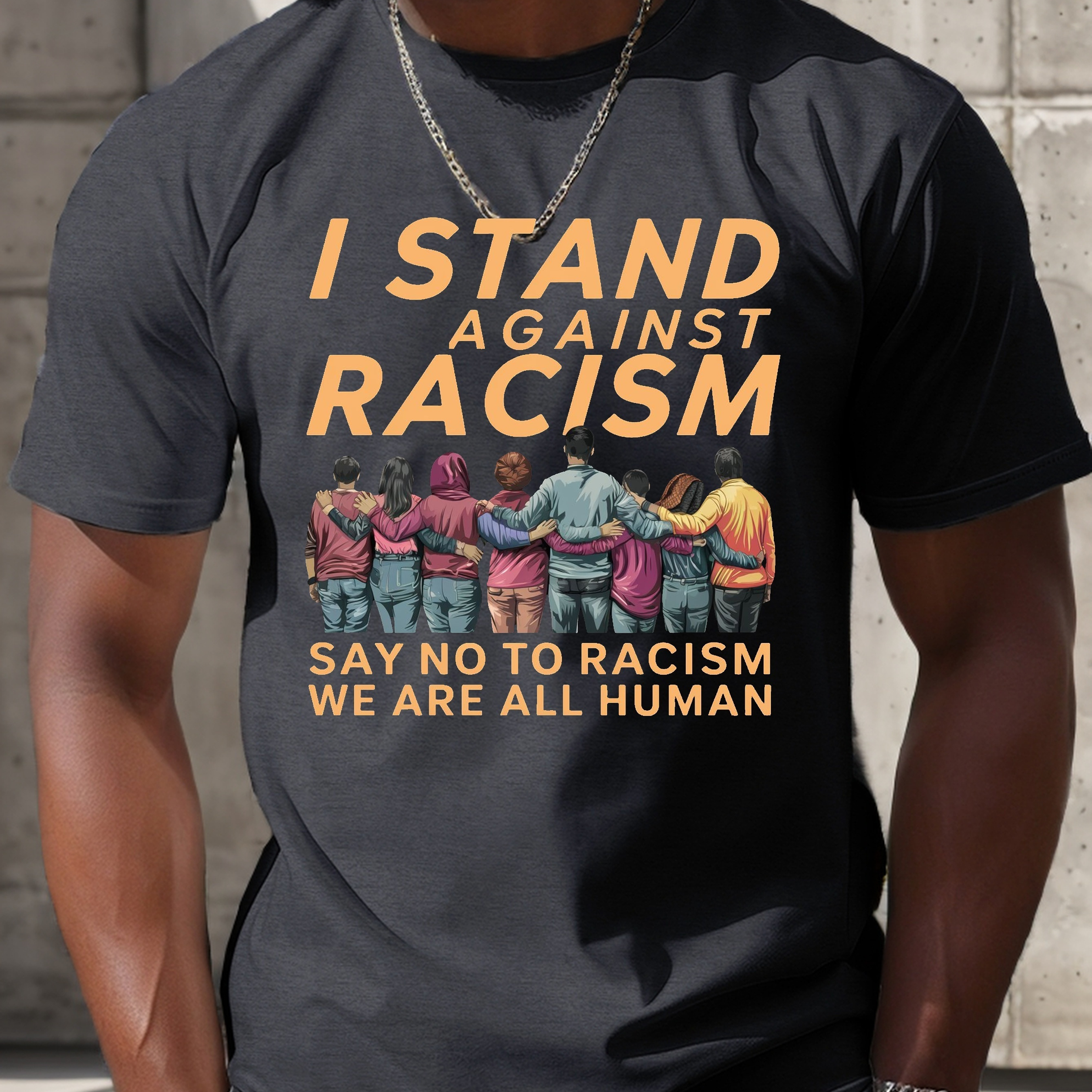 

Men's " Against Racism" Graphic Tee - Casual Polyester Short Sleeve T-shirt, & Strength Design, Machine Washable For Summer