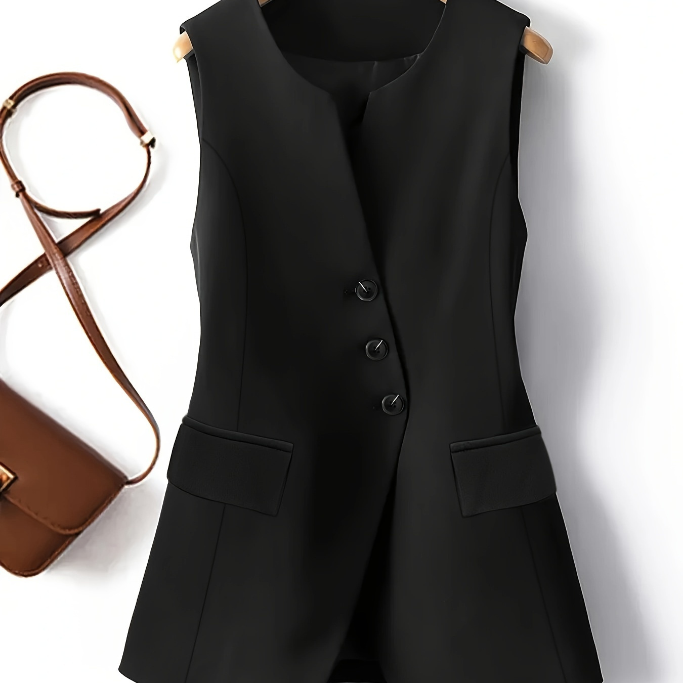 

Elegant Sleeveless Vest Jacket For Women - Polyester, Machine Washable, Round Neck, Button Detail, Spring/fall