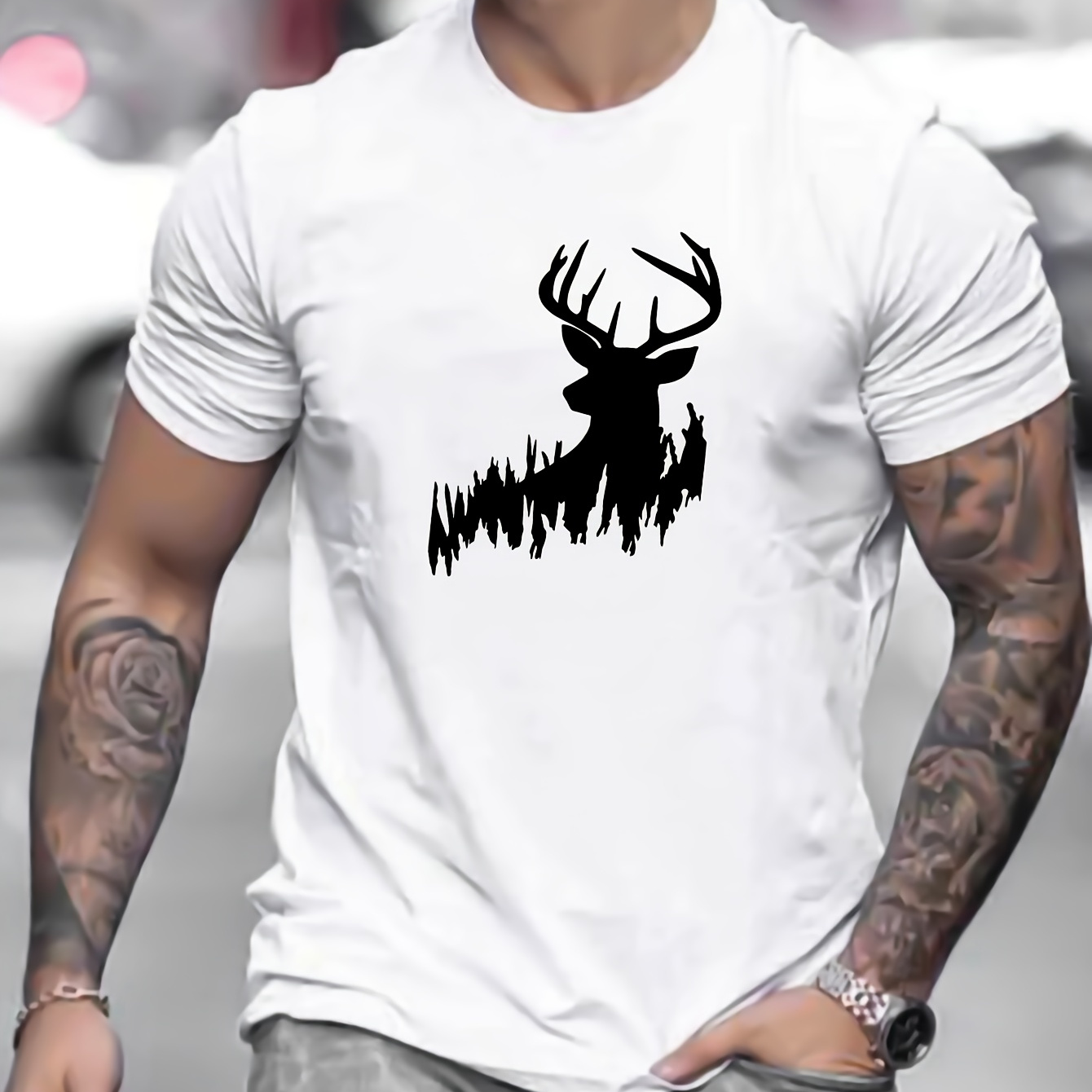 

Deer Print Tees For Men, Casual Quick Drying Breathable T-shirt, Short Sleeve T-shirt For Running Training