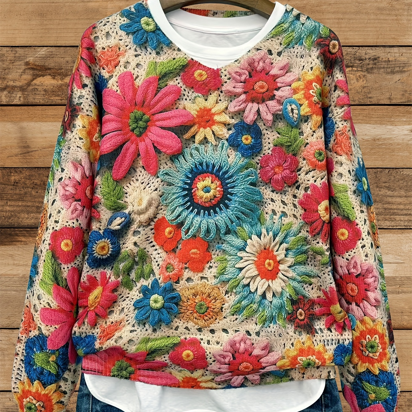 

Women's Floral Print V-neck Sweater, Casual Long Sleeve Knit Top, Polyester 60% Spandex 40% , Stretch, Woven Effect, Regular Fit For Fall/winter