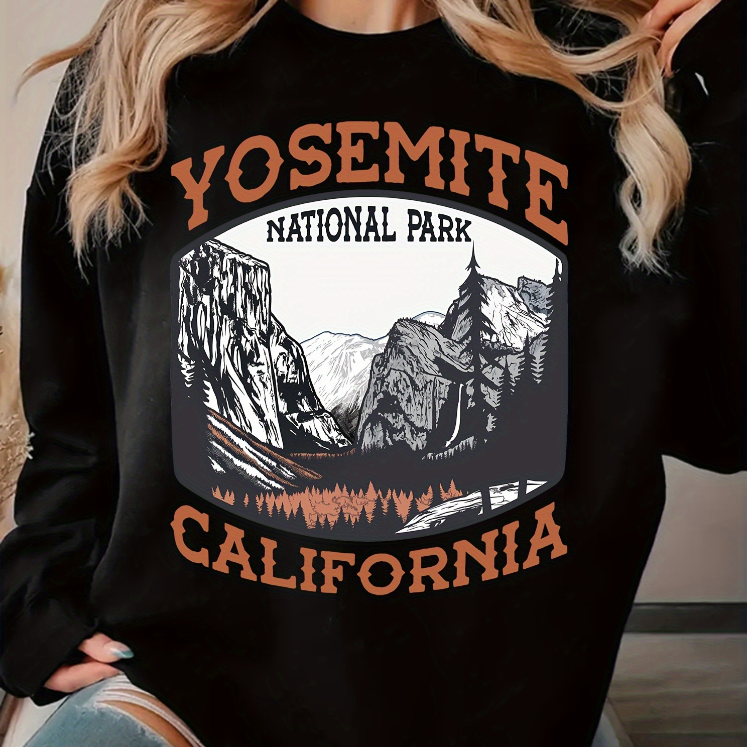 

Women's National Park California Graphic Sweatshirt - Casual Crew Neck Long Sleeve Pullover, 100% Polyester Knit Fabric, Alphabet Pattern, Fall/winter Collection