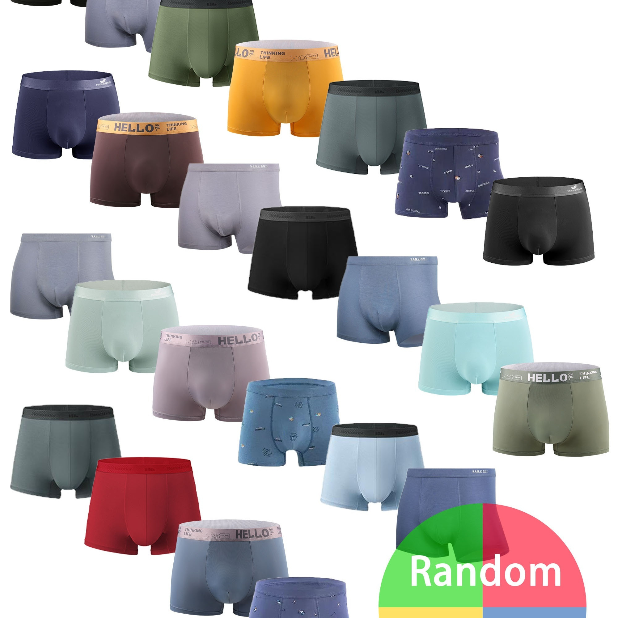 

10pcs Random Colors Men's Solid Color Hello Letter Long Boxer Briefs Shorts, Breathable Comfy Quick Drying Stretchy Boxer Trunks, Sports Trunks, Swim Trunks For Beach Pool, Men's Novelty Underwear