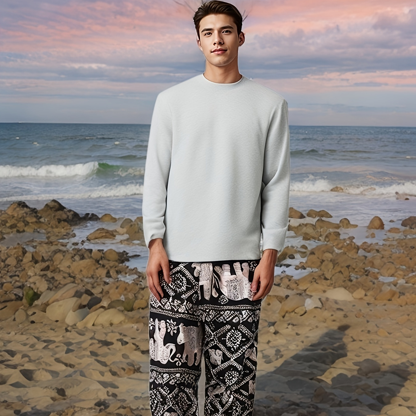 

Men's Spring And Summer Thin Harem Pants With Printed Chain Elephant Men's And Women's Tied Feet Beach Long Lantern Pants Styles Of Pants