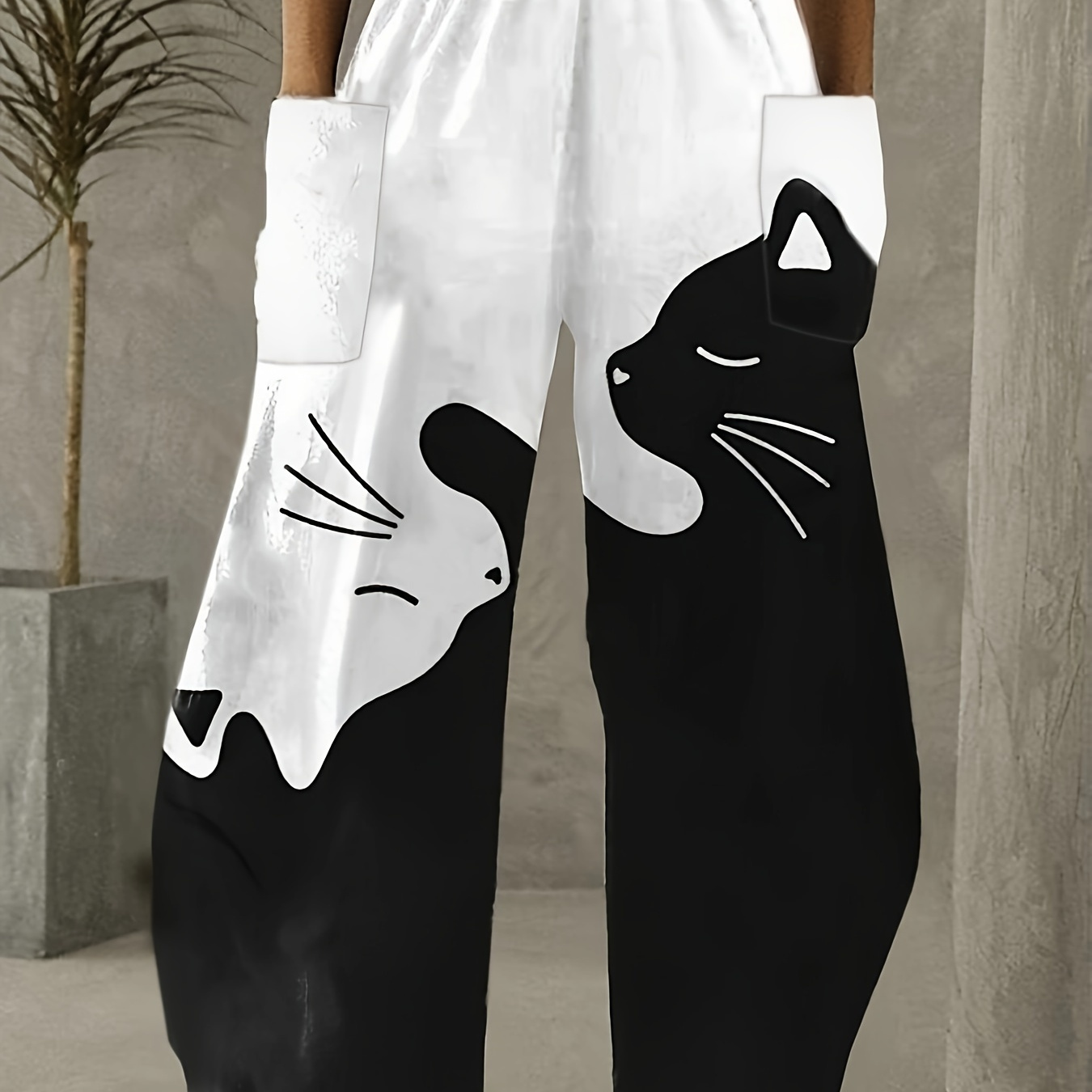 

Pantalon à blocs de couleurs avec impression de chat mignon, pantalon décontracté à poches amples pour le printemps et l'automne, vêtements pour femmes