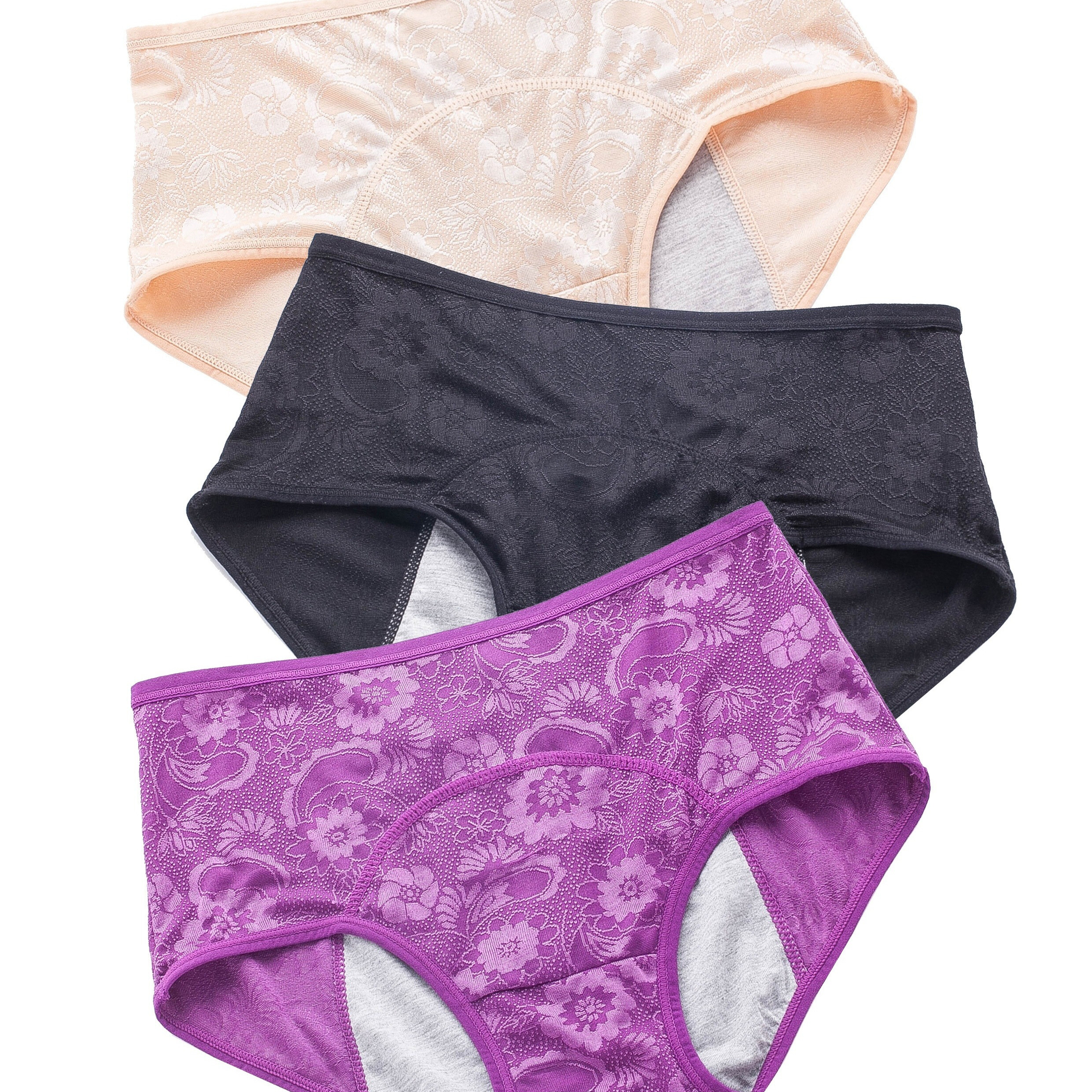 

3 Pack Plus Size Elegant Panties Set, Women's Plus Floral Print Breathable Soft Leak-proof Period Briefs 3pcs Set