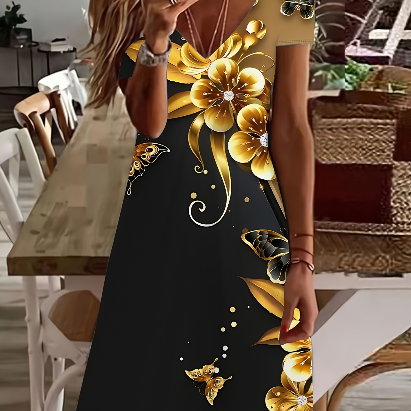

Floral Print V-neck Dress, Casual Short Sleeve Color Block Dress, Women's Clothing