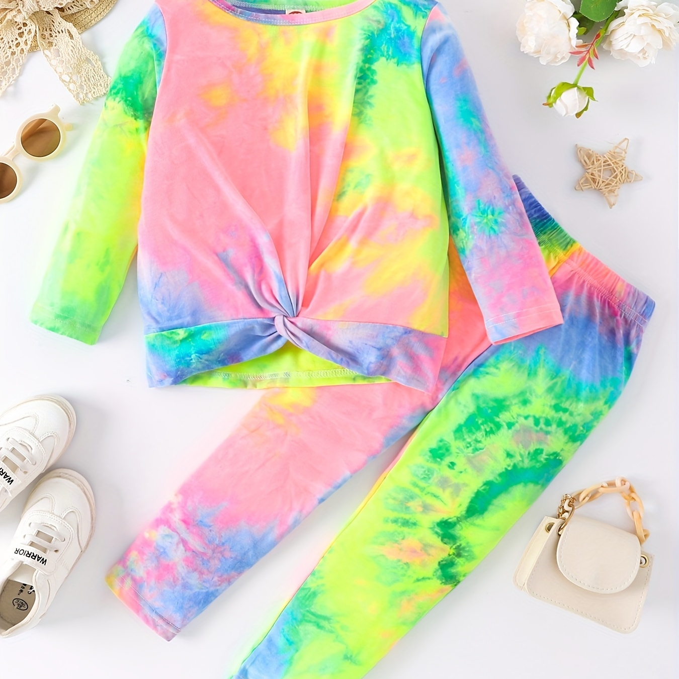 

Girl's Rainbow Color Tie Dye 2pcs, Knotted Sweatshirt & Pants Set, Casual Outfits, Kids Clothes For Spring Fall