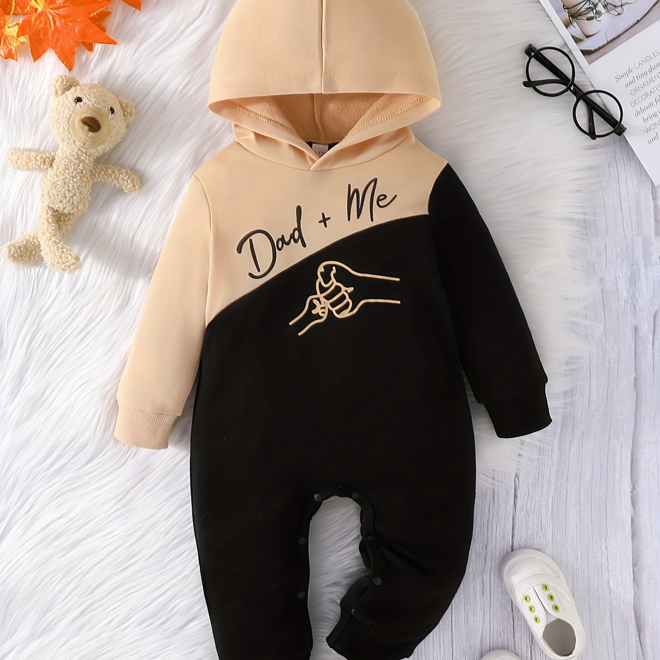 

Baby Boy's "dad+me" Print Hooded Bodysuit, Comfy Long Sleeve Onesie, Infant's Clothing