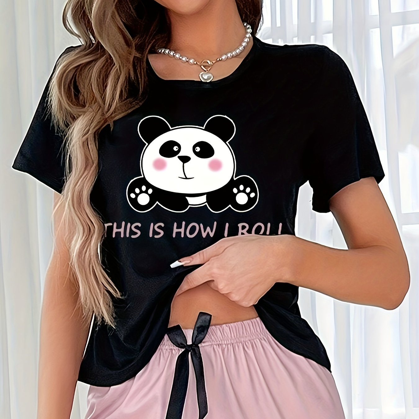 

Women's Casual Tee With Cute Panda Graphic And Slogan, Short Sleeve, Round Neck Shirt For Sleep Wear