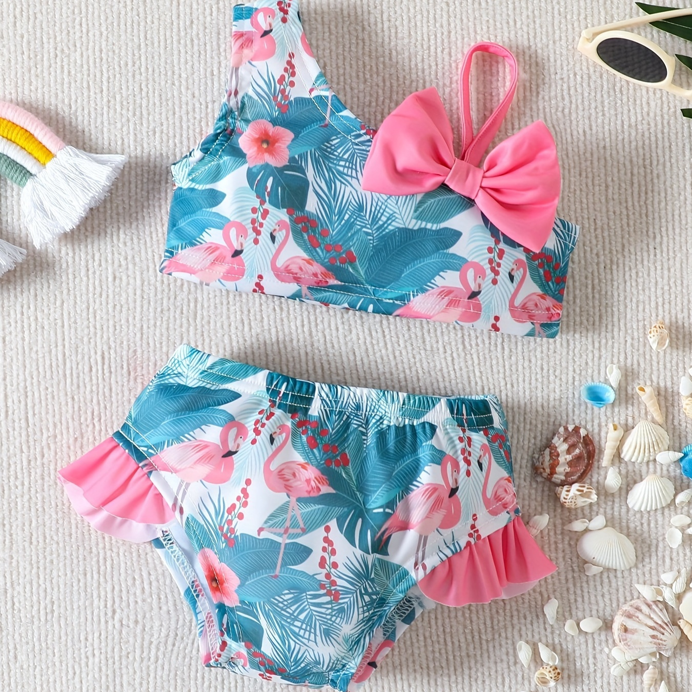 

2pcs Toddler Girls Bikini Tankini Swimsuit Flamingo Graphic Bow Asymmetrical Neck Top & Ruffle Trim Shorts Set Kids Summer Beach Clothes Bathing Suits