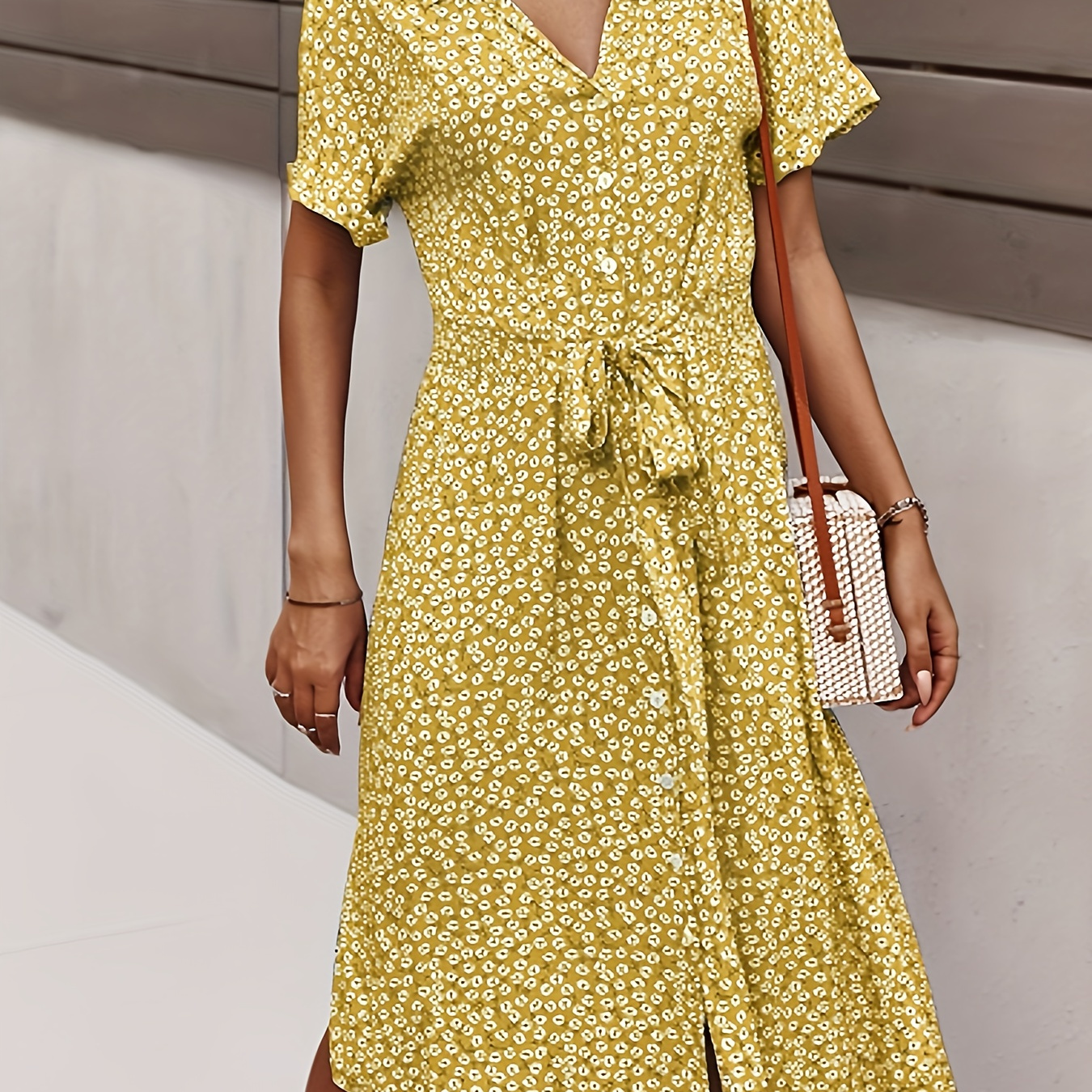 

Women's Summer New Floral Print Fashion Elegant Midi Short Sleeve Dress With Belt
