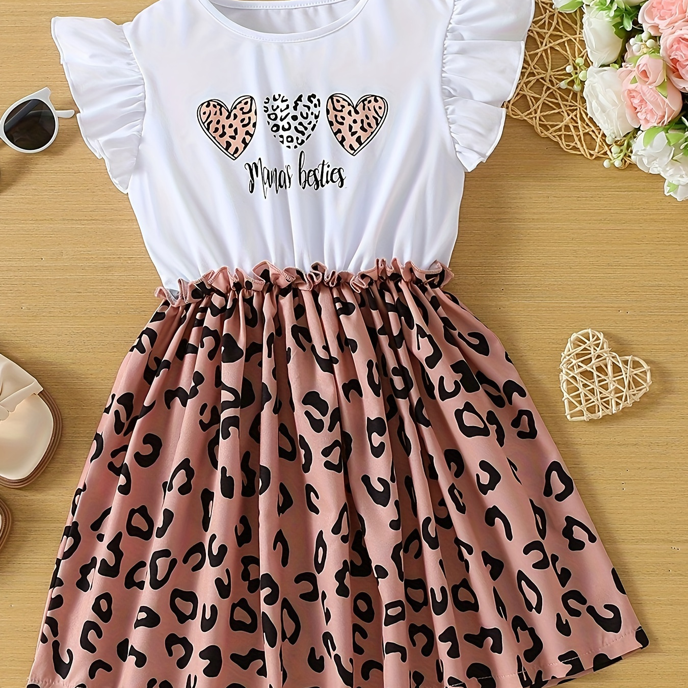 

Cute Leopard Spliced Print Girls Dress, Breathable Comfy Flying Sleeve A-line Dress, Fashion Girls Clothing, Gift