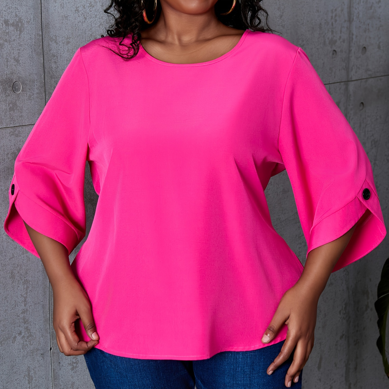 

Plus Size Simple Solid Blouse, Casual Crew Neck 3/4 Sleeve Blouse For Summer, Women's Plus Size clothing