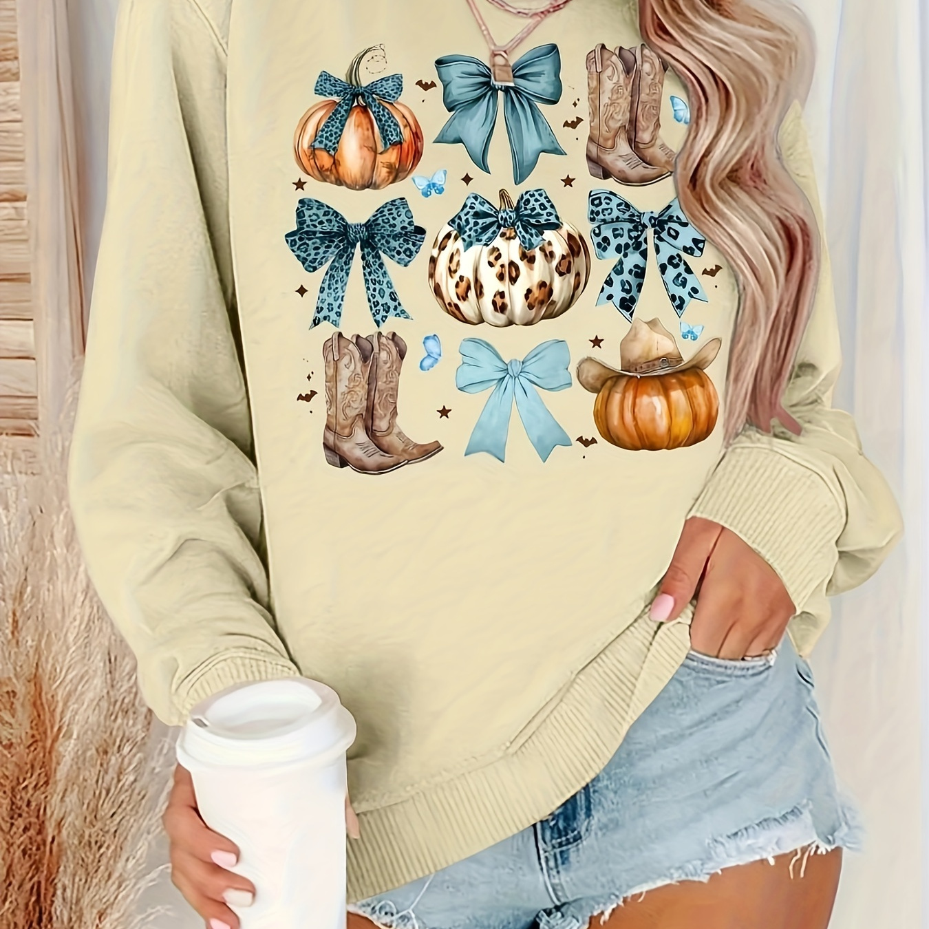 

Bow-knot Pumpkin Print Sweatshirt, Round Neck Casual Sweatshirt For Winter And Autumn, Women's Clothing