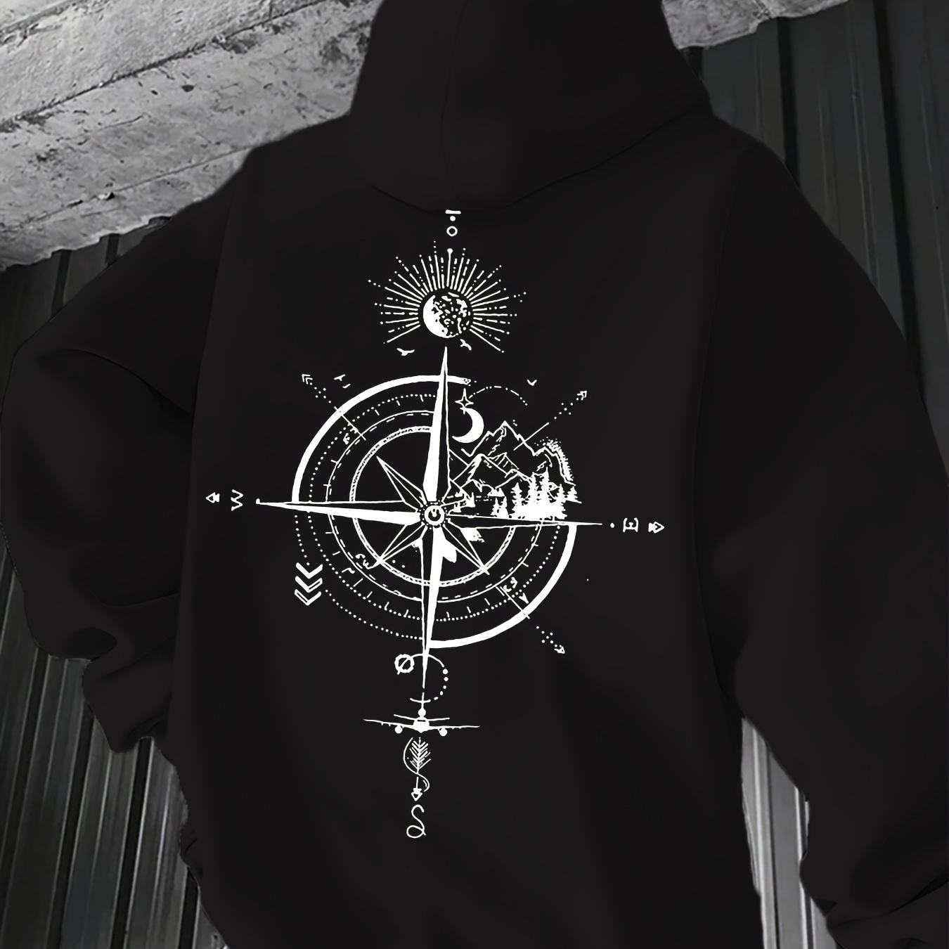 

Men's Casual Hoodie With Compass Print, 100% Polyester, Stretch Knit Fabric, Loose Fit, Regular Length, 250gsm - Fashionable Cow Hooded Sweatshirt