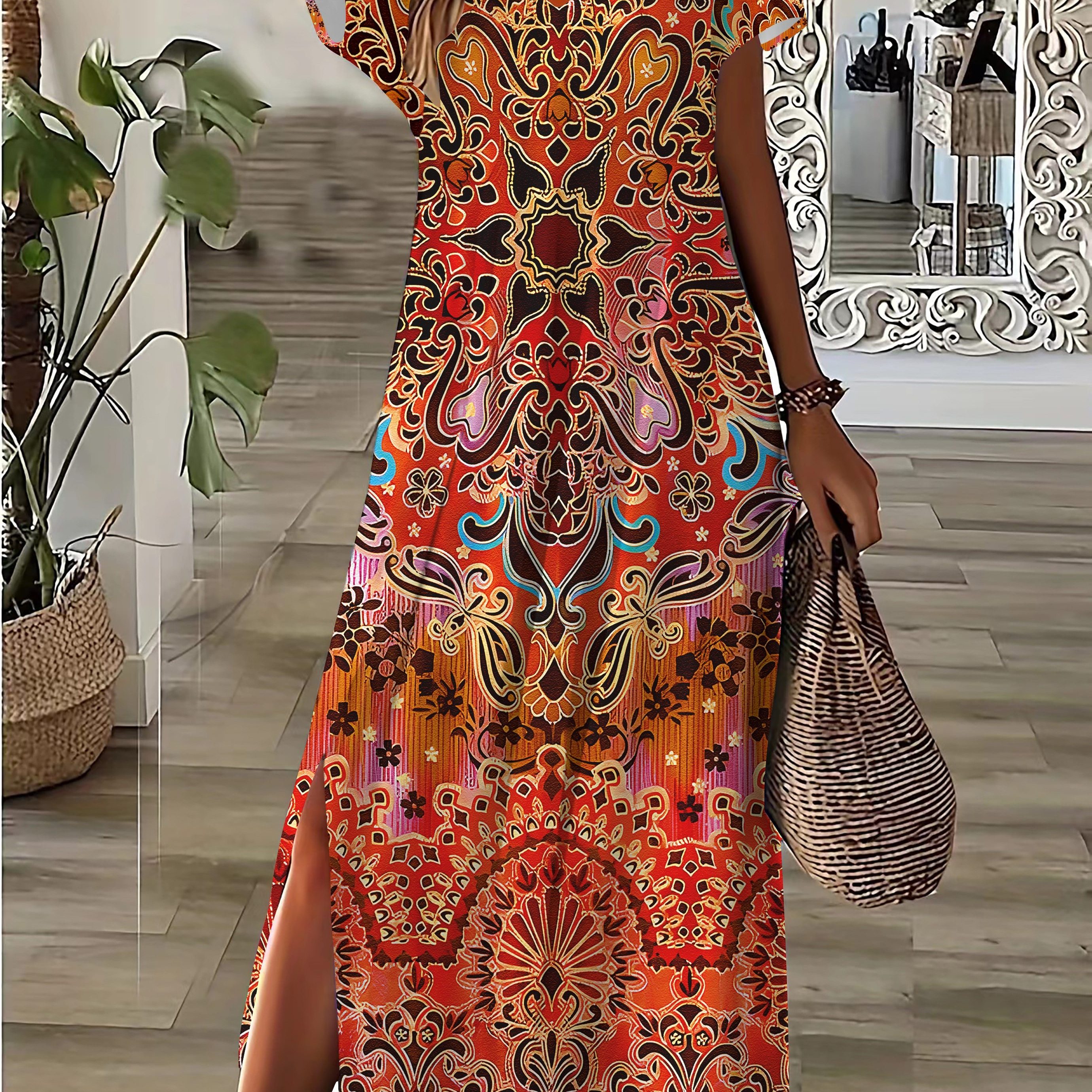

Plus Size Ethnic Floral Print Slit Dress, Casual Short Sleeve Dress For Spring & Summer, Women's Plus Size Clothing