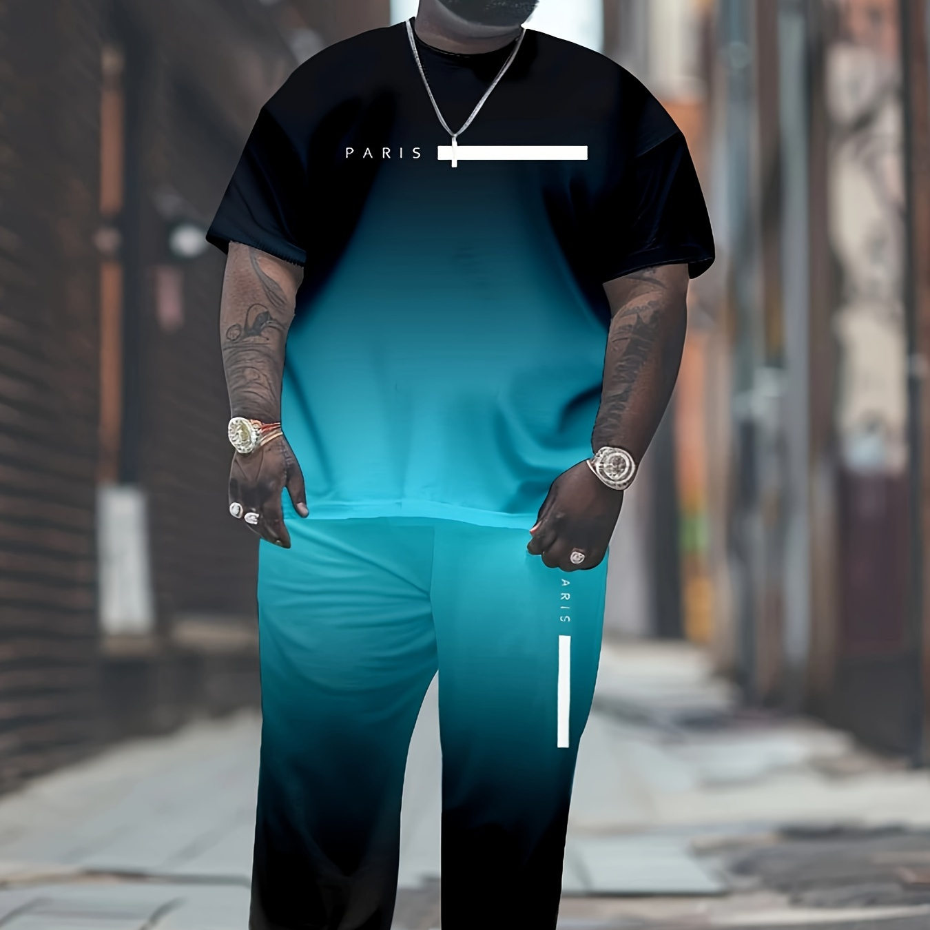 

2pcs Men's Plus Size Casual Sports Set, Gradient Print Short Sleeve T-shirt & Pants Fashion Tracksuit