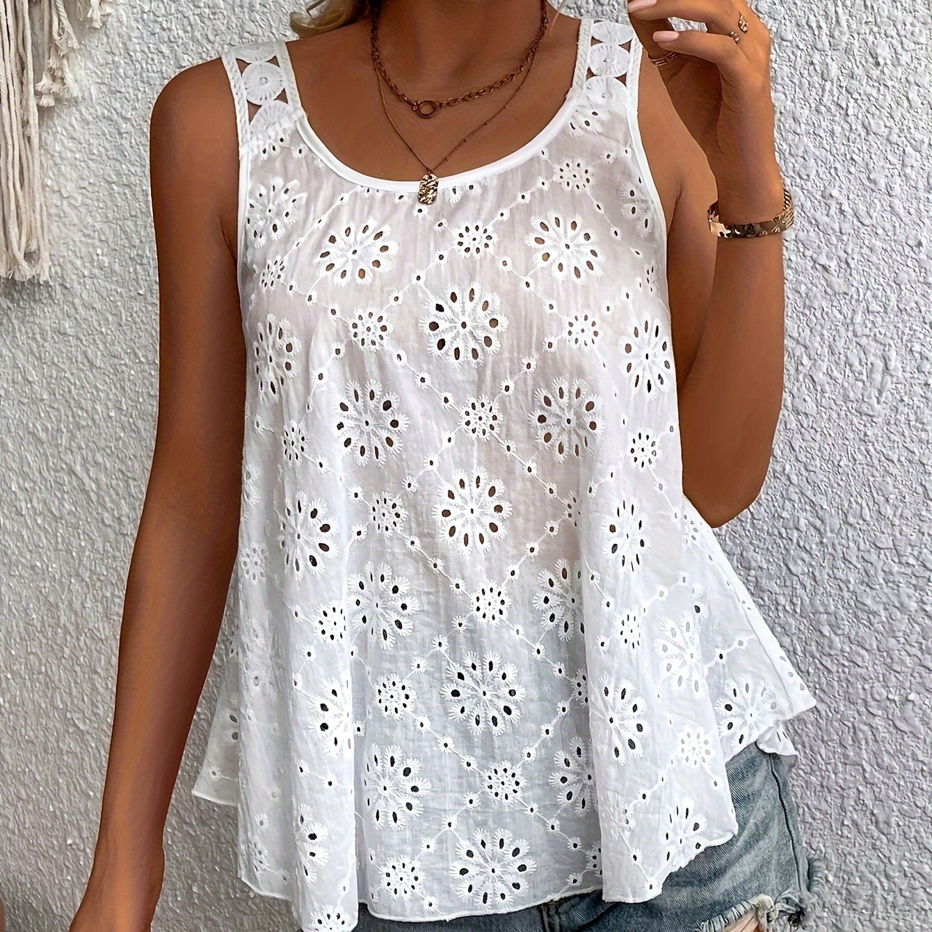 

Eyelet Embroidered Crew Neck Tank Top, Casual Sleeveless Top For Spring & Summer, Women's Clothing