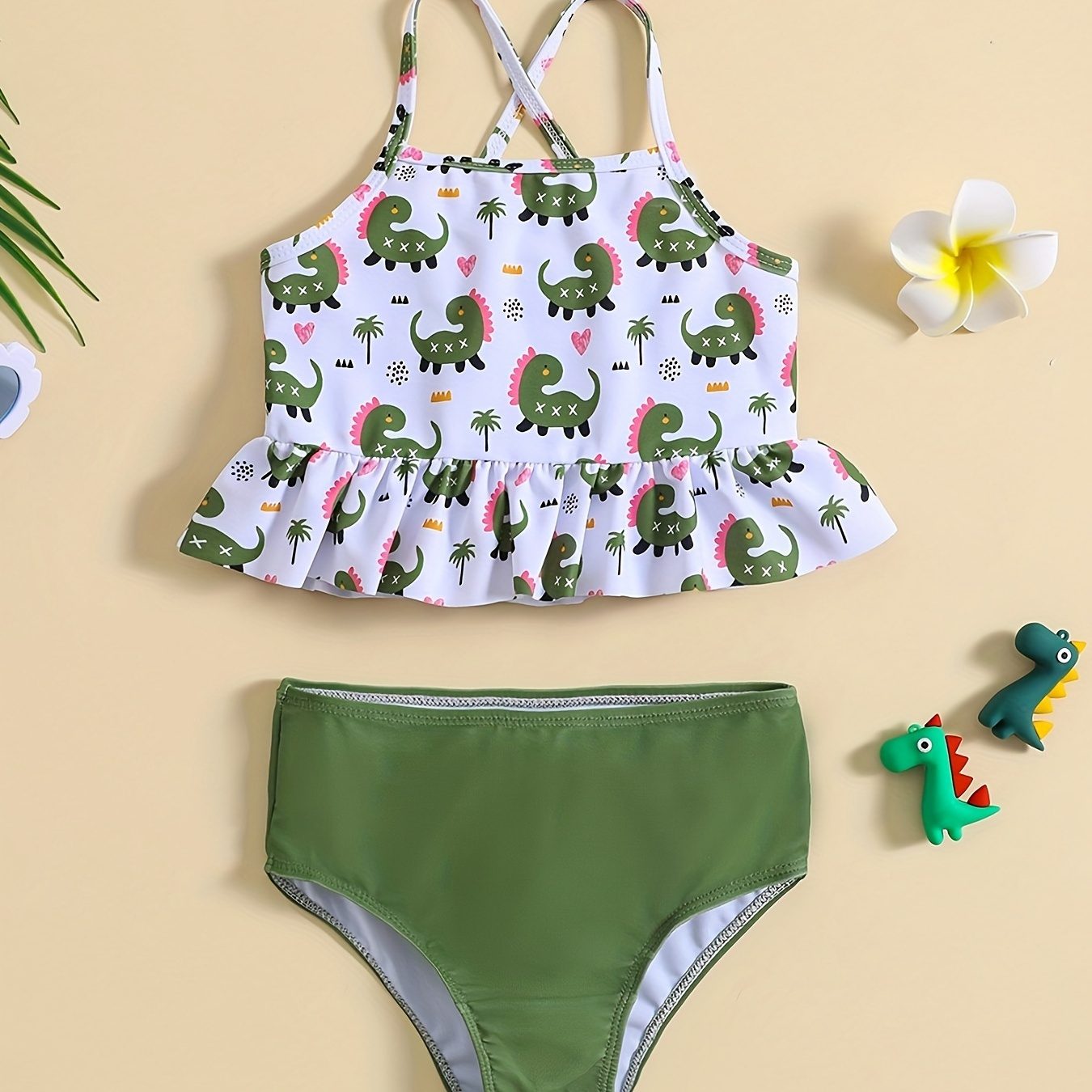 

2pcs Toddler Girls Lovely Dino Print Cami Top + Bow Decor Briefs Bikini Swimsuit Set For Summer Clothes Gift Beach Vacation