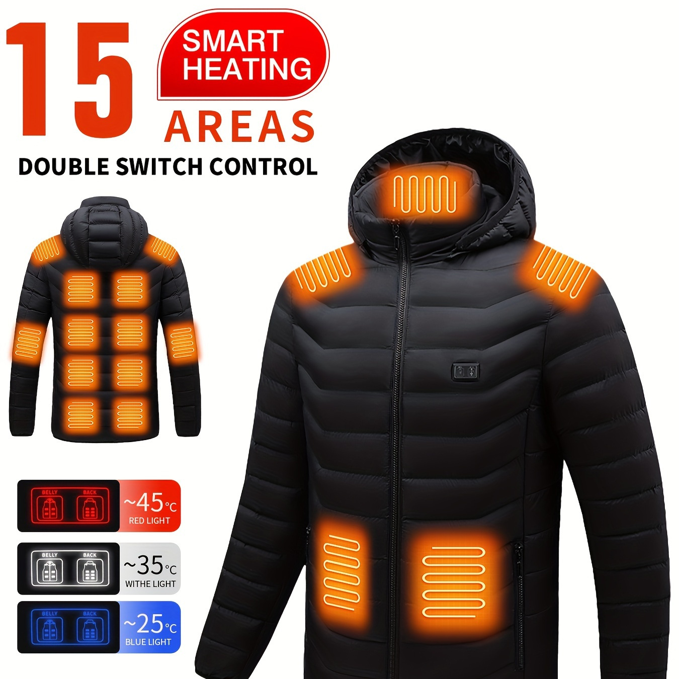 

Men's Heated Padded Jacket - 15 Zones, Windproof Hooded Zip-up Winter Coat (battery Pack Not Included)