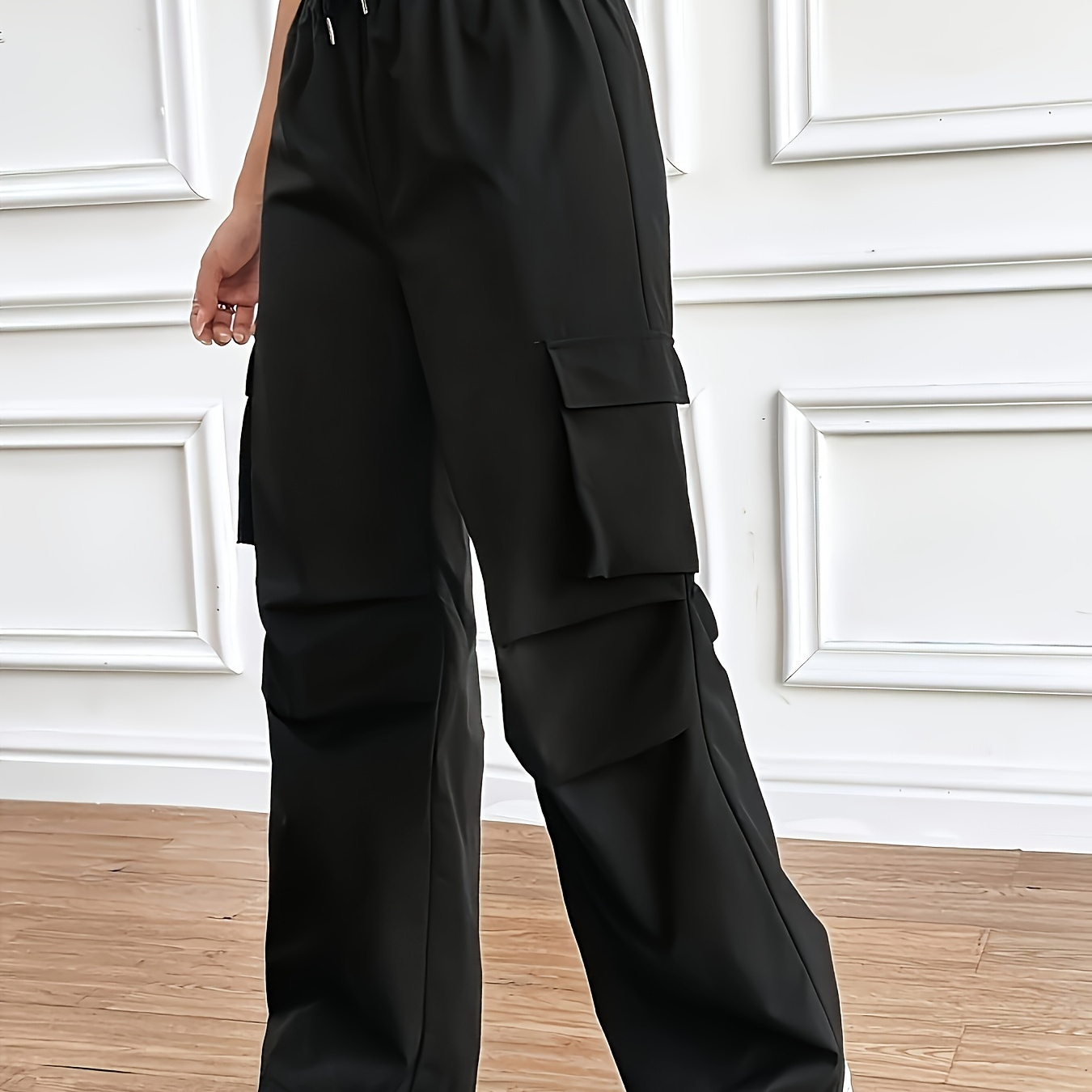 

Women's Casual Cargo Pants With Pockets, Drawstring Waist, Polyester Spandex Blend, Solid Color, Woven Fall/winter Trousers