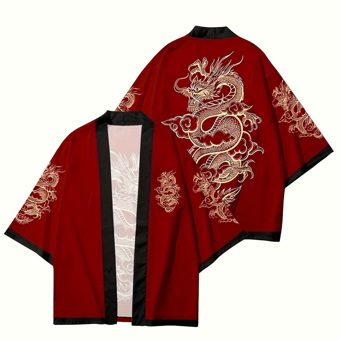 

Men's Casual Dragon Print Kimono - Lightweight, Open Front, Half Sleeve With Geometric Pattern - Summer , Chinese Size, Please Check The Size Guide