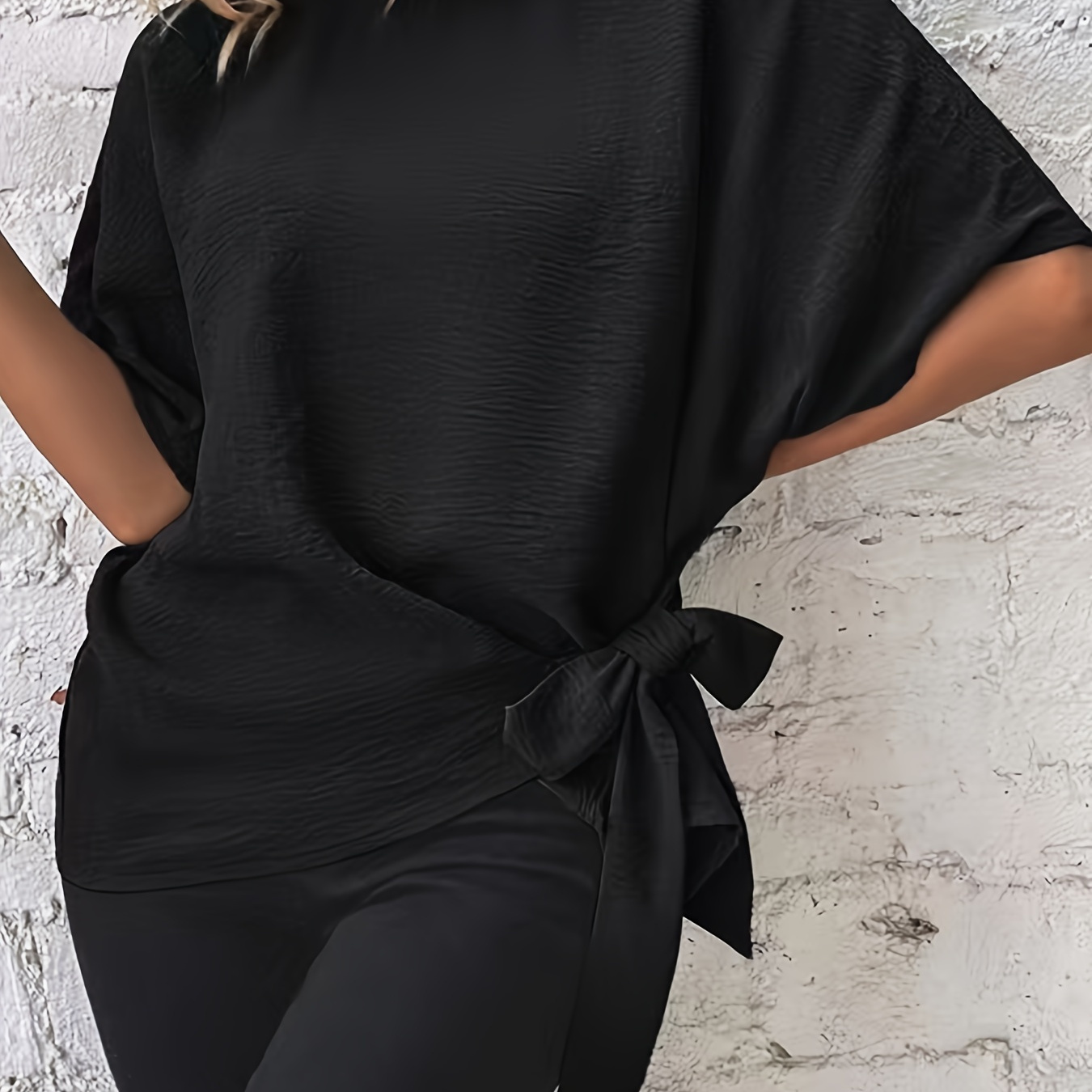 

Plus Size Solid Knot Top, Casual Crew Neck Batwing Sleeve Top, Women's Plus Size clothing