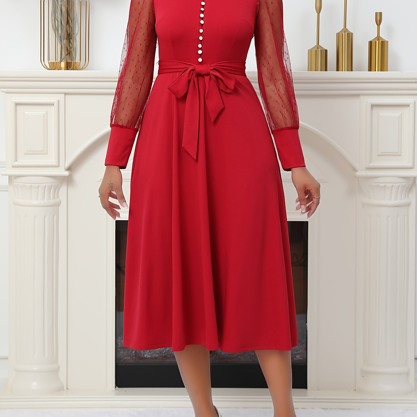 

Elegant Slimming Lace-trimmed Midi Dress With Belt - Long Sleeve, Solid Color, Button Detail - All