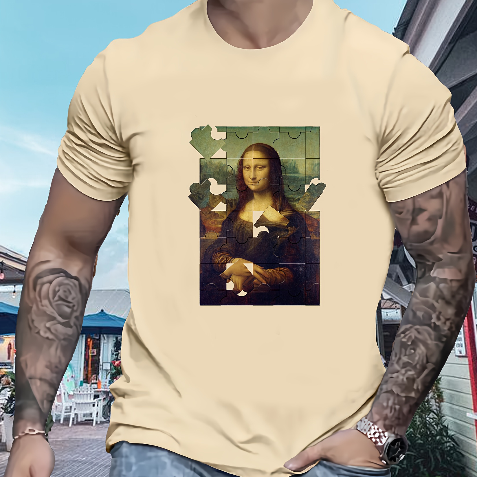 

Men's Puzzle Print T-shirt - Casual & Comfortable Short-sleeve Crew Neck Tee, Lightweight Summer Top With Stretch Fabric, Non-transparent, Polyester