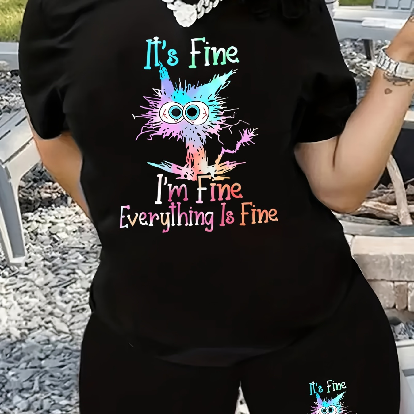 

Plus Size Casual 2pcs Set, Women's Plus Graphic Print Short Sleeve Tee & Biker Shorts 2 Pieces Set