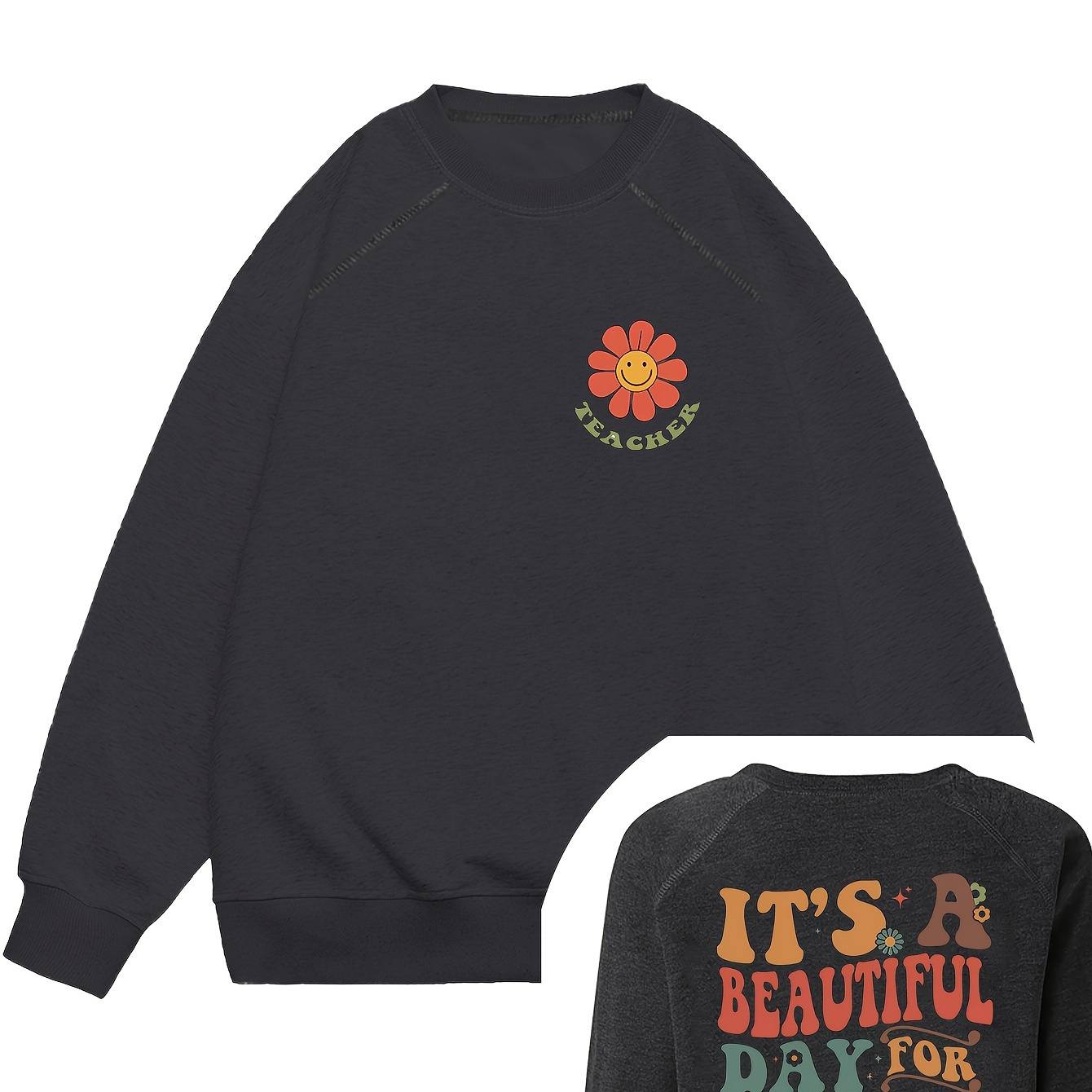 

Teacher-themed Polyester Blend Sweatshirt With Raglan Long Sleeves And Crew Neck - Slight Stretch Knit Fabric Casual Women's Pullover With Alphabet Seasons