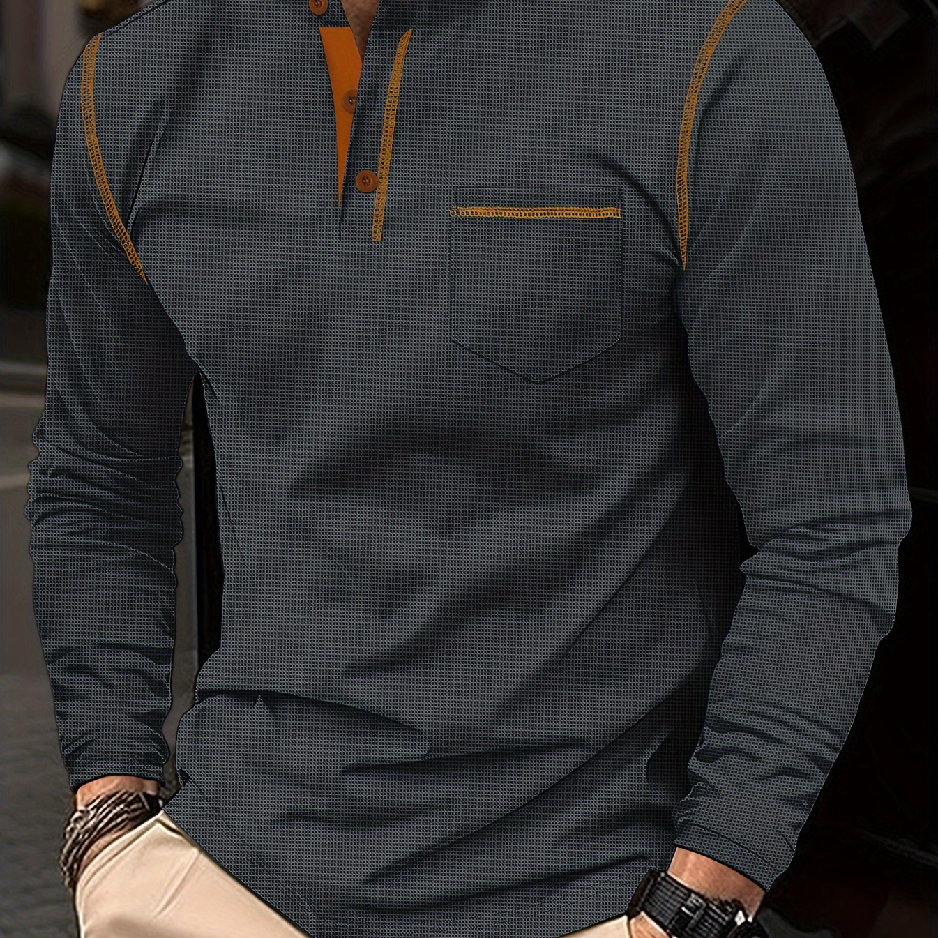 

Men's Casual Stand Collar Long Sleeve Shirt - 95% Polyester 5% Cotton , Slight Stretch Fabric, Solid Color With Button Detail, Ideal For Tennis & Casual Weekend Wear