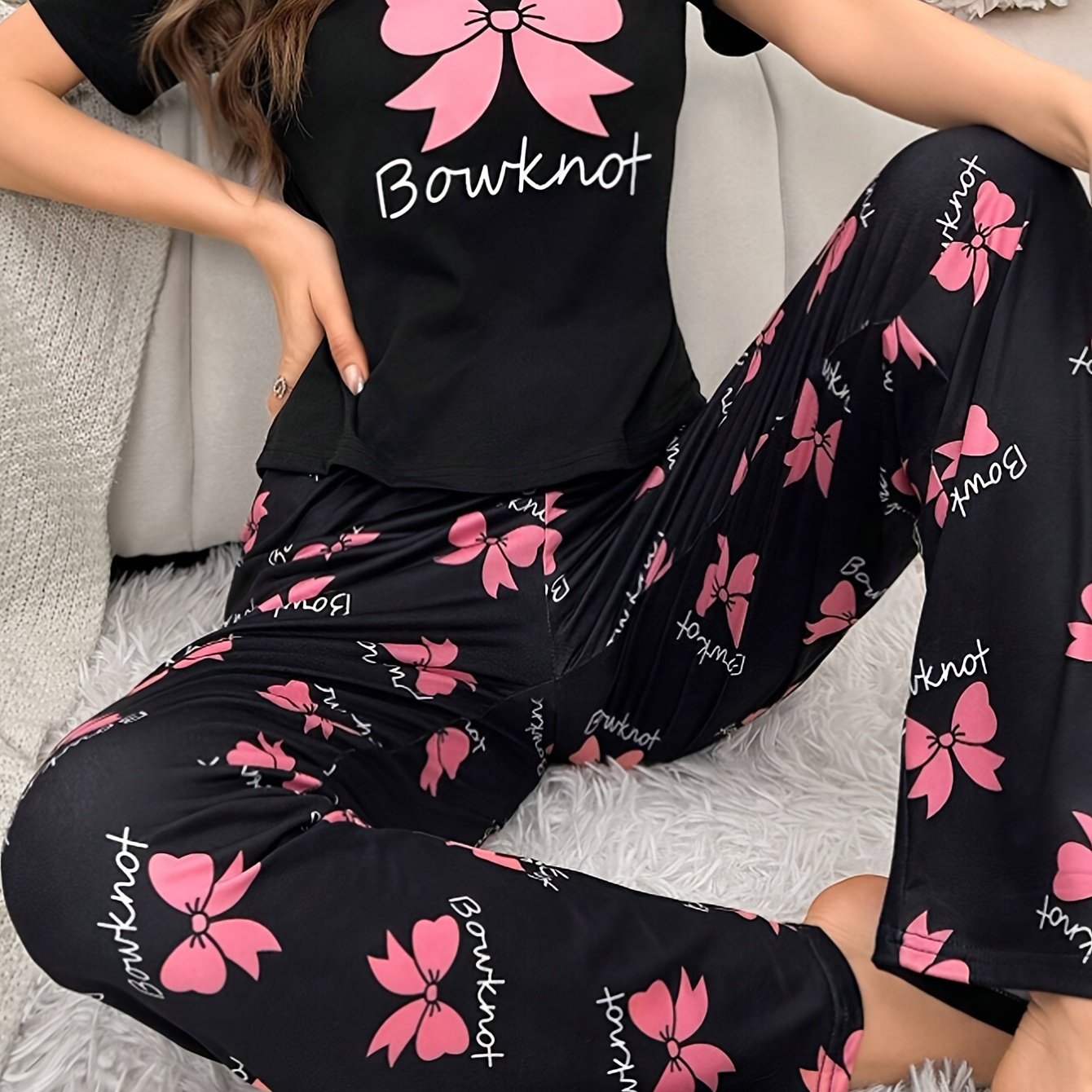 

Casual Bow & Letter Print Pajama Set, Round Neck Short Sleeve Top & Elastic Pants, Women's Sleepwear