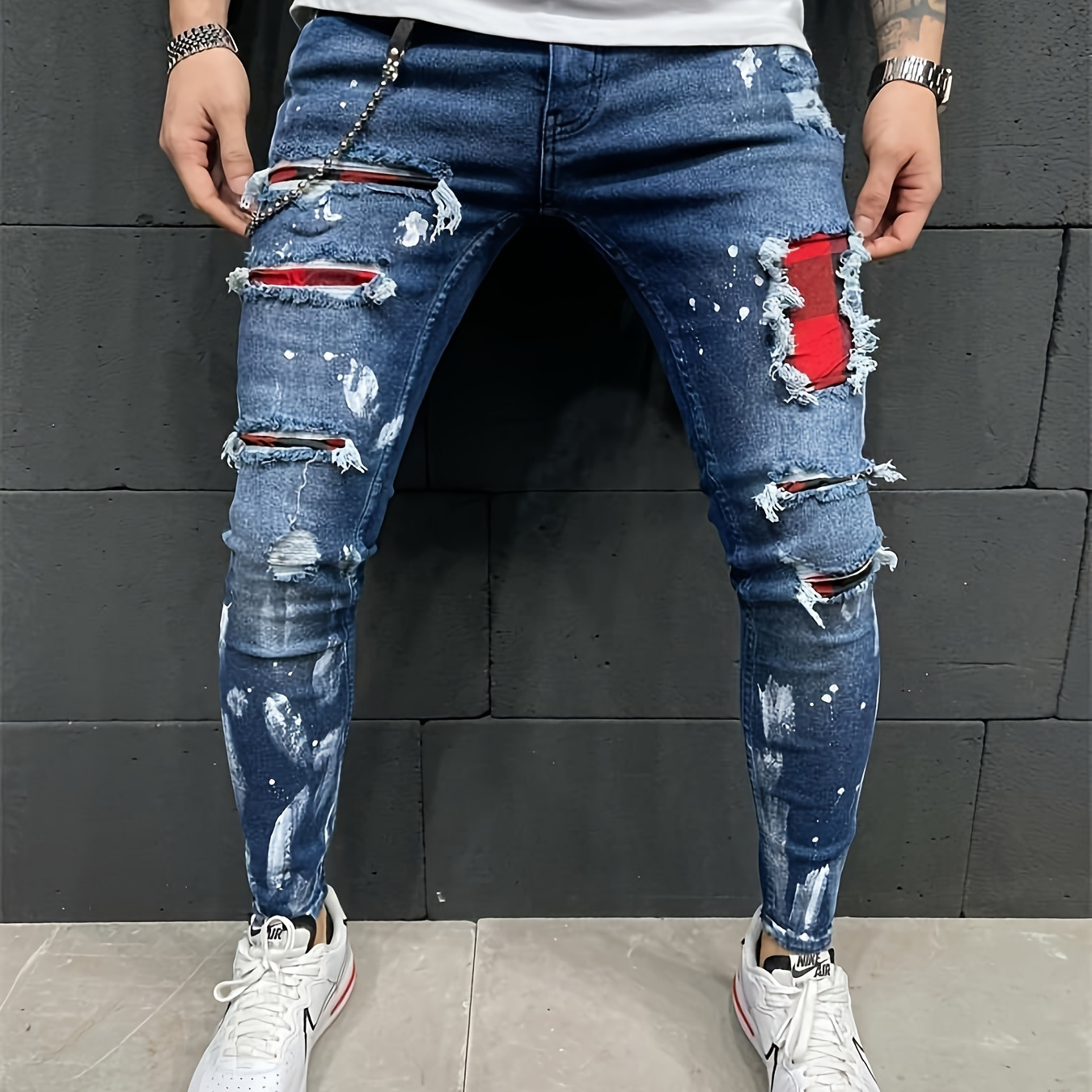 

Men's Casual Patchwork Skinny Jeans, Chic Street Style Medium Stretch Jeans