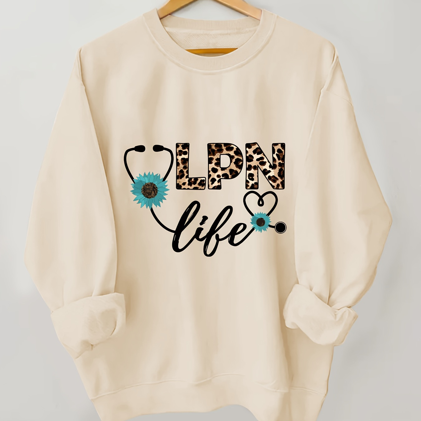 

Elegant Crew Neck Sweatshirt For Women, 100% Polyester Knit Fabric, Long Sleeve Pullover With Alphabet Print - Lpn , Chic Casual Sportswear For All