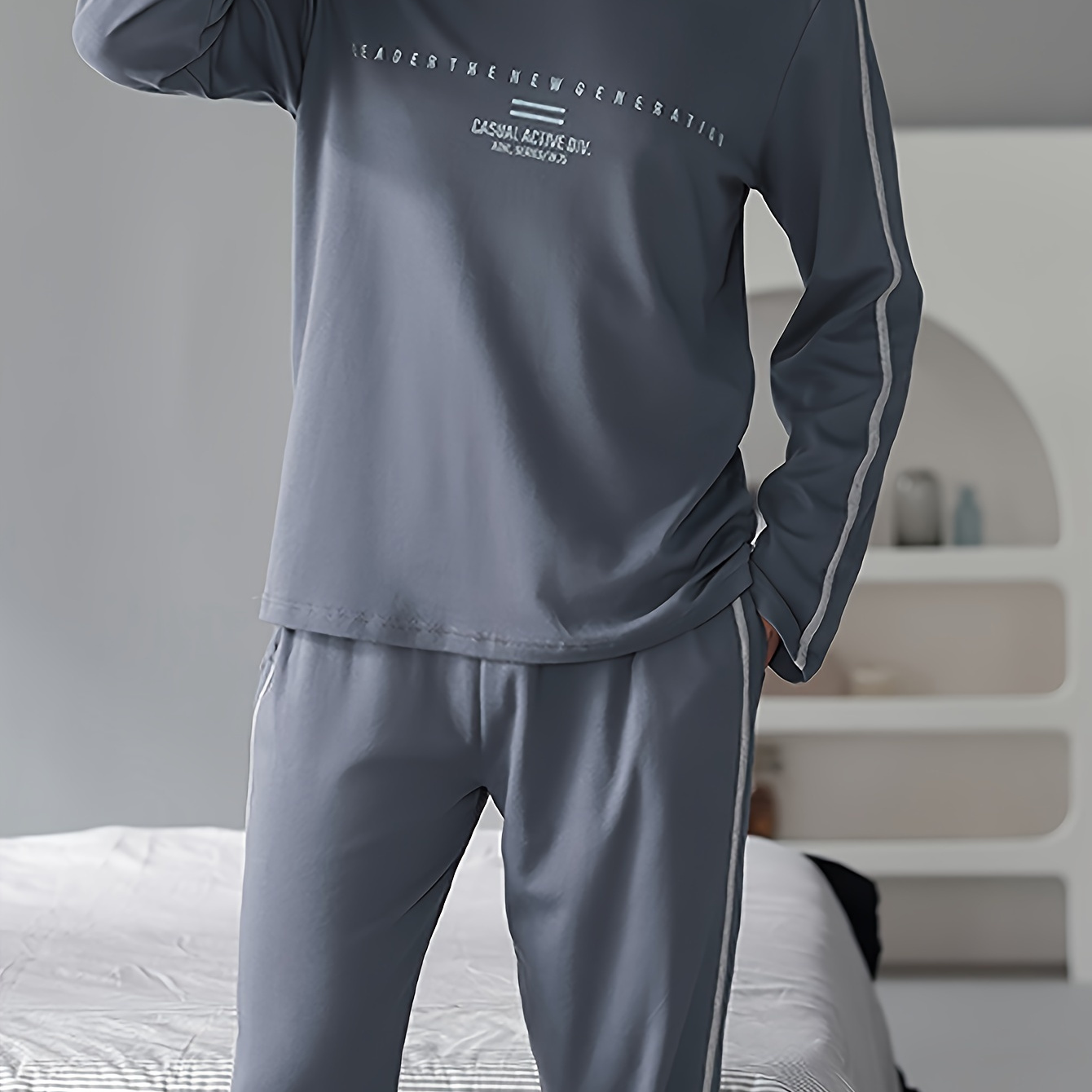 

Men's Simple Style Cotton Casual Pajamas Sets, Letter Graphic Print Long Sleeve Crew Neck Top & Loose Pants Lounge Wear, Outdoor Sets For Spring Autumn