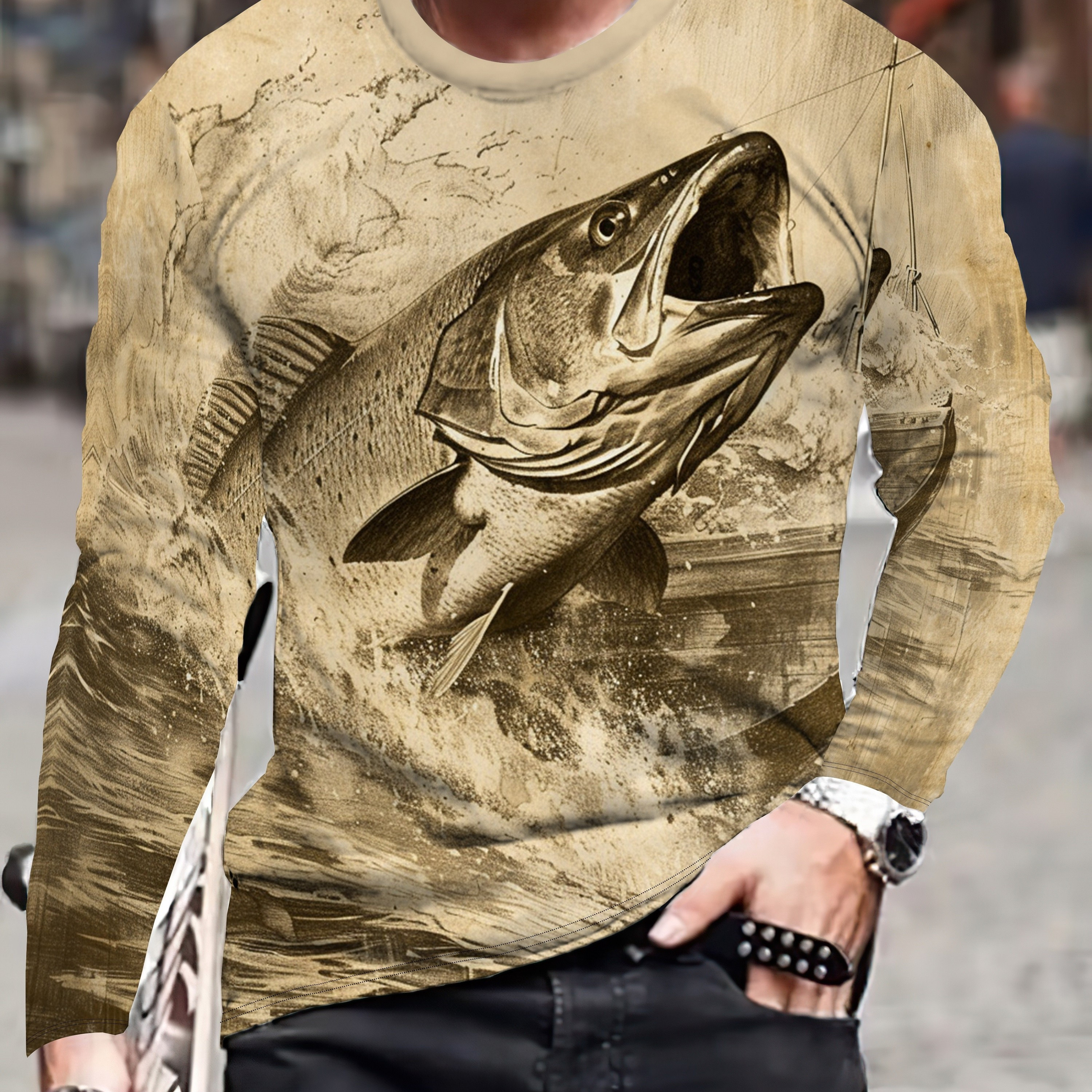 

Men's Fish Graphic Print T-shirt, Casual Long Sleeve Crew Neck Tee, Men's Clothing For Summer Outdoor