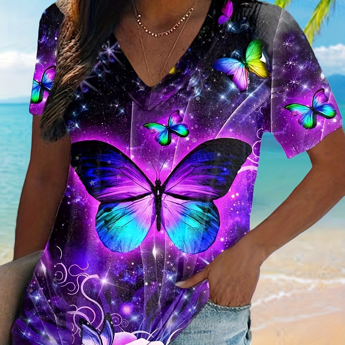 

Plus Size Butterfly Print T-shirt, Casual Short Sleeve Top For Spring & Summer, Women's Plus Size Clothing