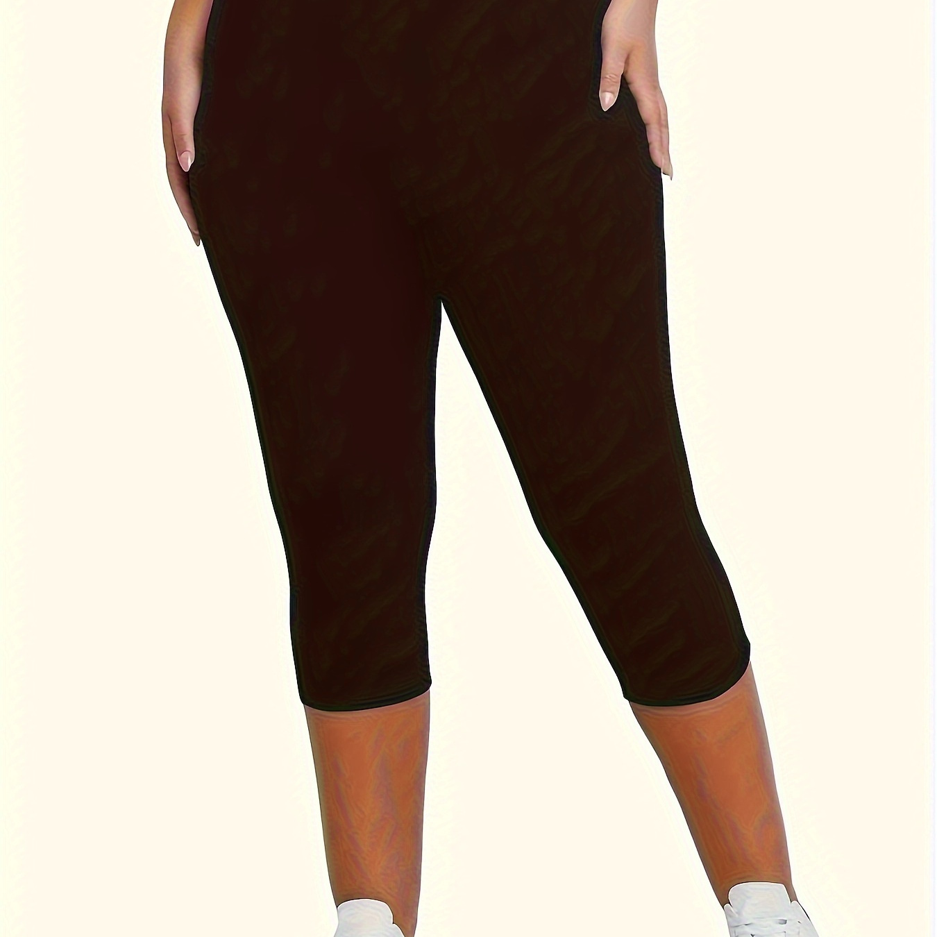 

Plus Size Sports Pants, Women's Plus Solid Color High Waist High Stretch Capri Fitness Pants