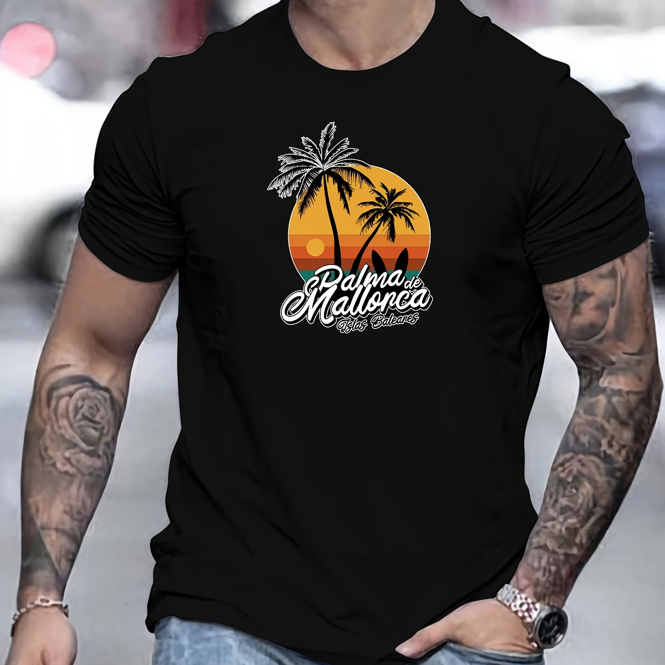 

Mallocra Beach Illustration Print Men's Cotton T-shirt, Casual Short Sleeve Crew Neck Top, Men's Summer Clothing